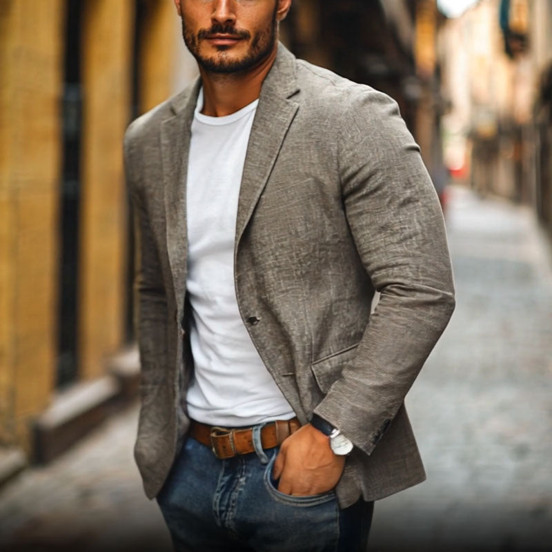Blazer casual da uomo in cotone e lino, monopetto slim fit con revers classico