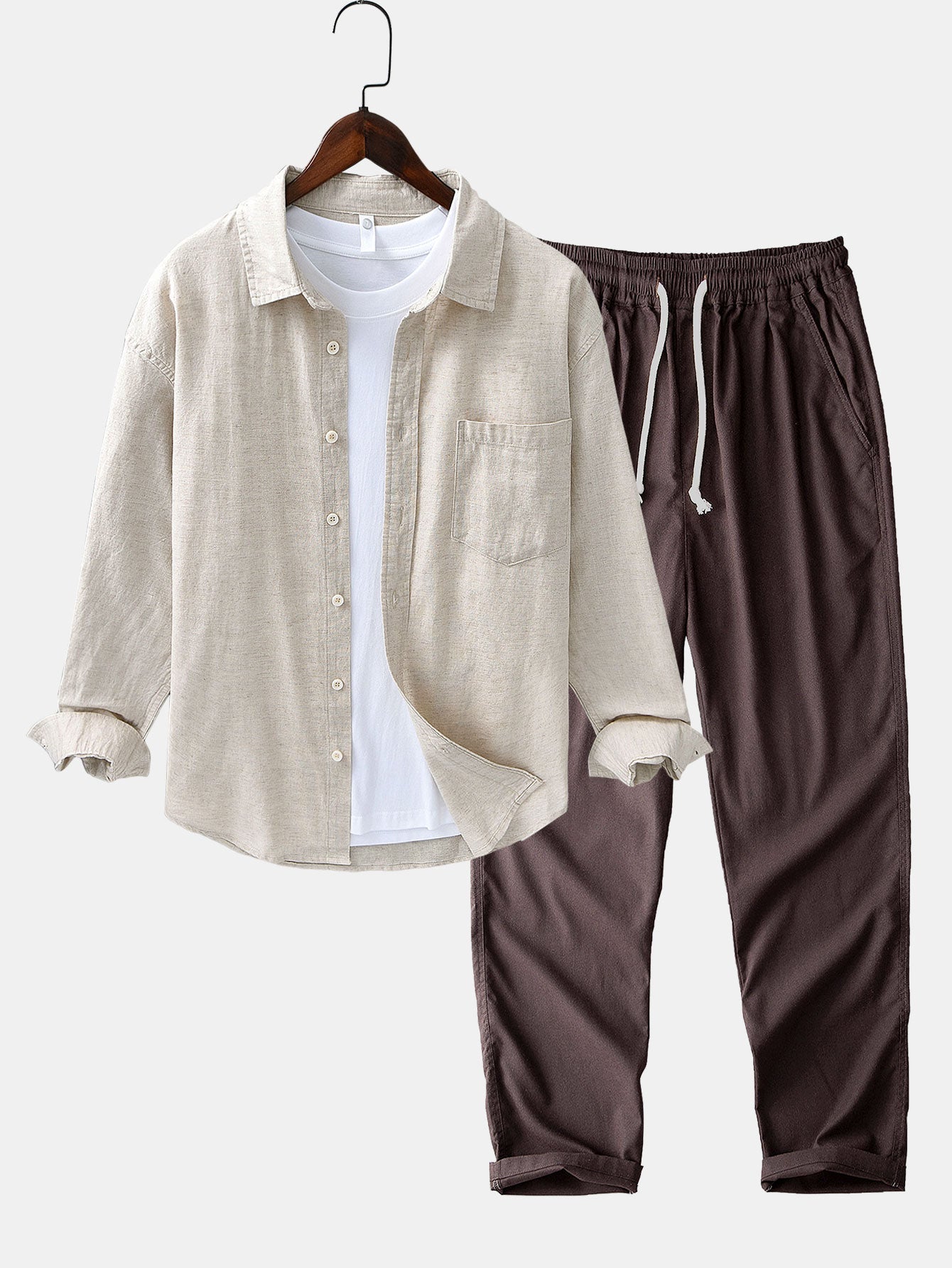 Chemise à Manches Longues en Lin et Coton avec Poche et Pantalon en Lin à Jambe Droite