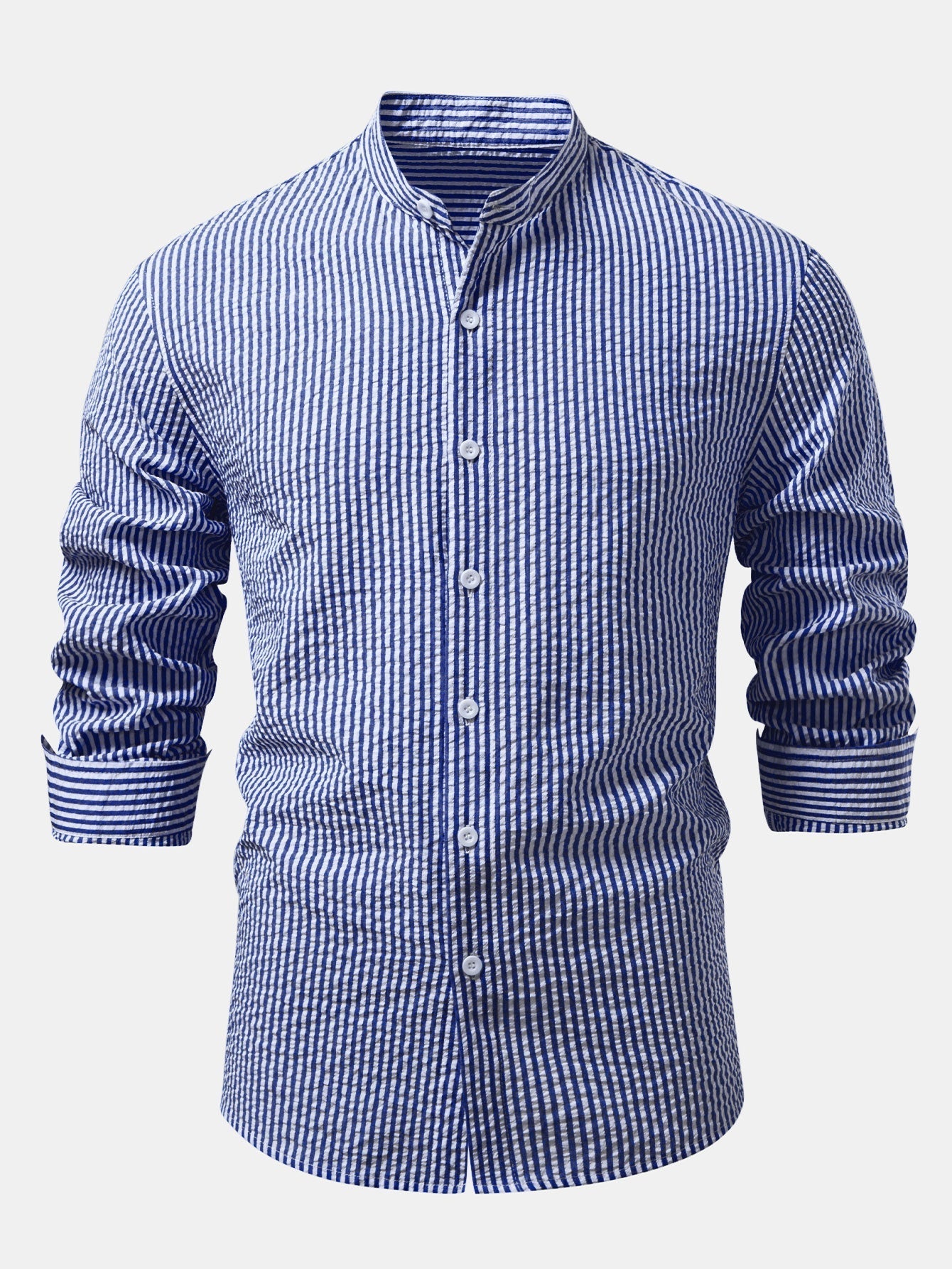 Chemise Rayée Seersucker avec Col Haut et Pantalons en Lin à Jambe Droite