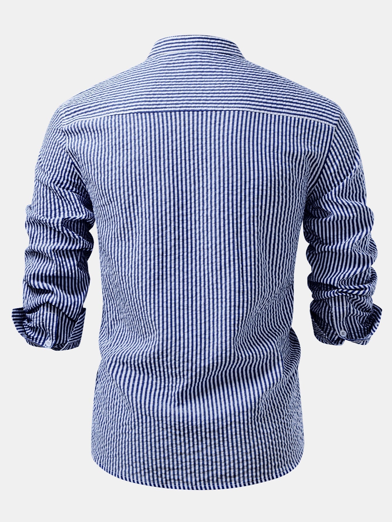 Chemise Rayée Seersucker avec Col Haut et Pantalons en Lin à Jambe Droite