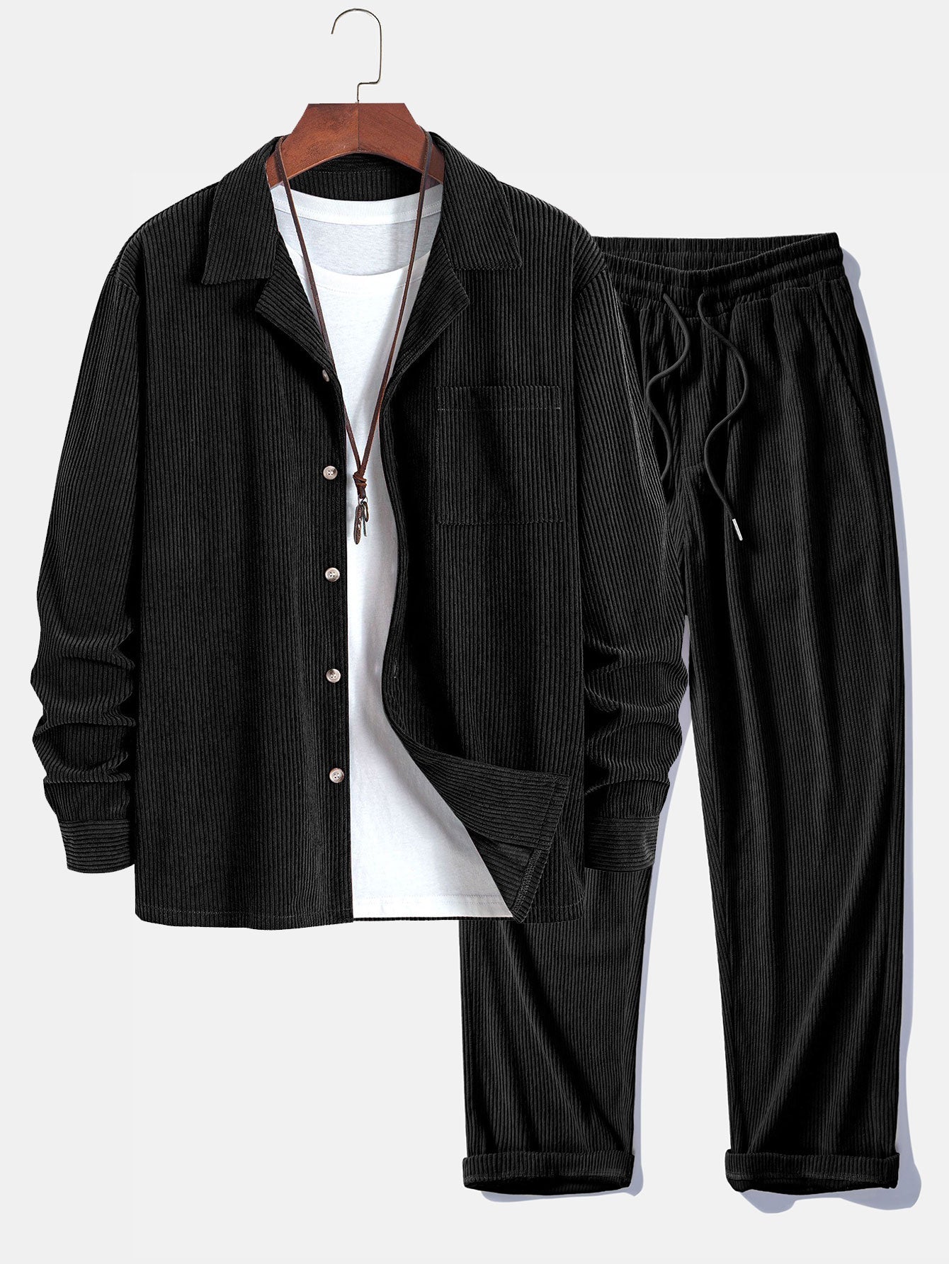 Chemise à Manches Longues en Velours Côtelé avec Col Cubain et Pantalons en Velours Côtelé à Jambe Droite