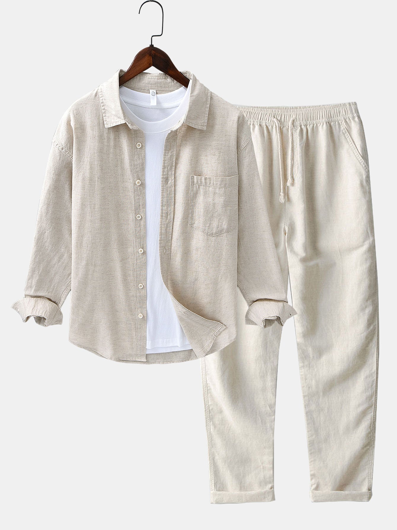 Chemise à Manches Longues en Lin et Coton avec Poche et Pantalon en Lin à Jambe Droite