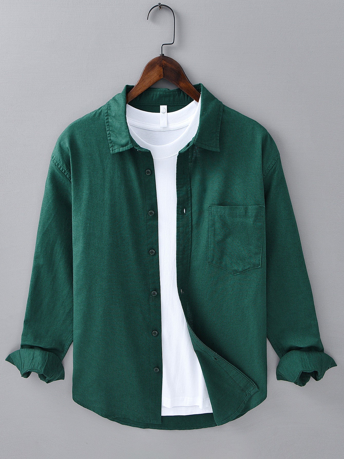 Chemise à Manches Longues en Lin et Coton avec Poche et Pantalon en Lin à Jambe Droite