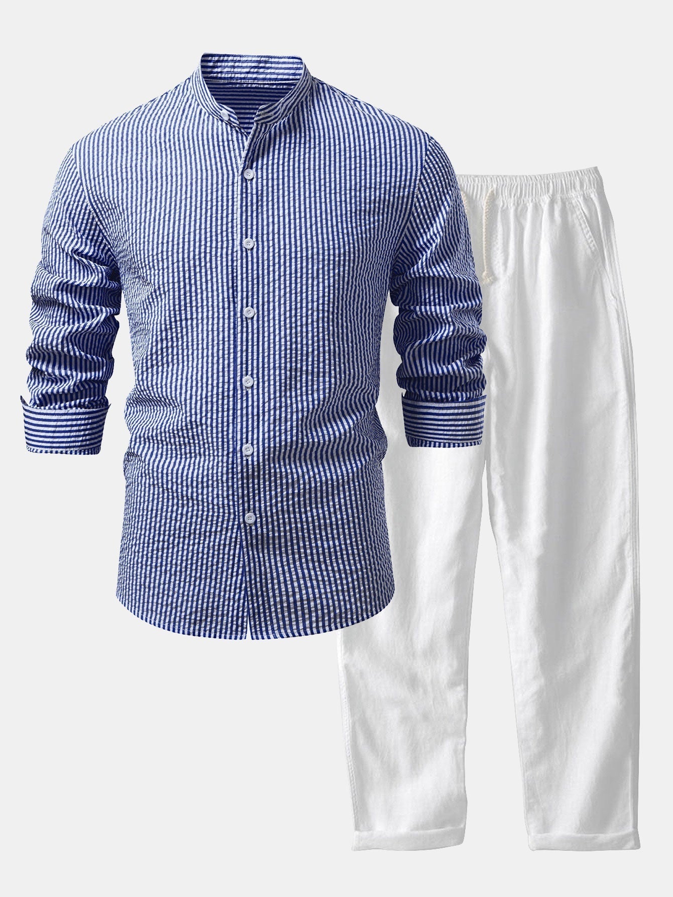Chemise Rayée Seersucker avec Col Haut et Pantalons en Lin à Jambe Droite
