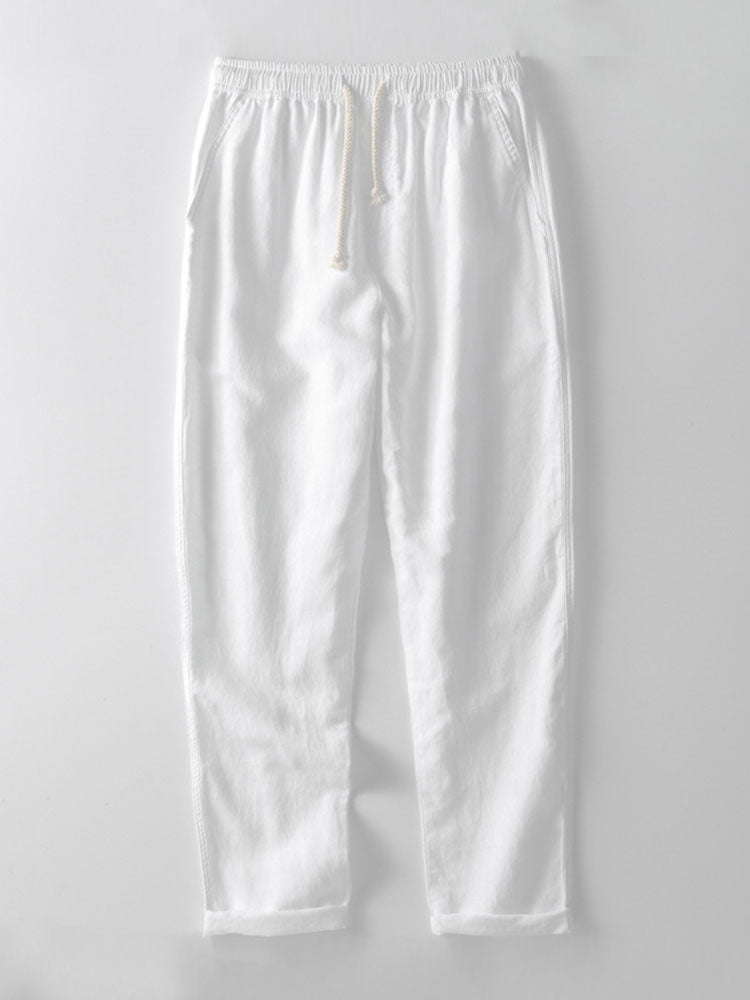 Chemise Rayée Seersucker avec Col Haut et Pantalons en Lin à Jambe Droite