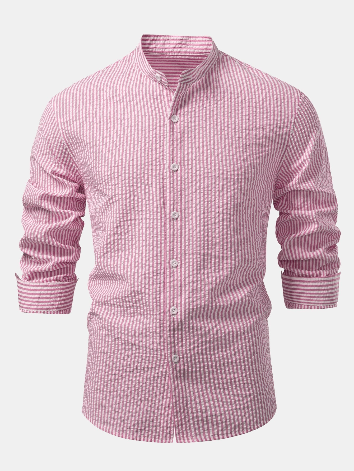 Chemise Rayée Seersucker avec Col Haut et Pantalons en Lin à Jambe Droite