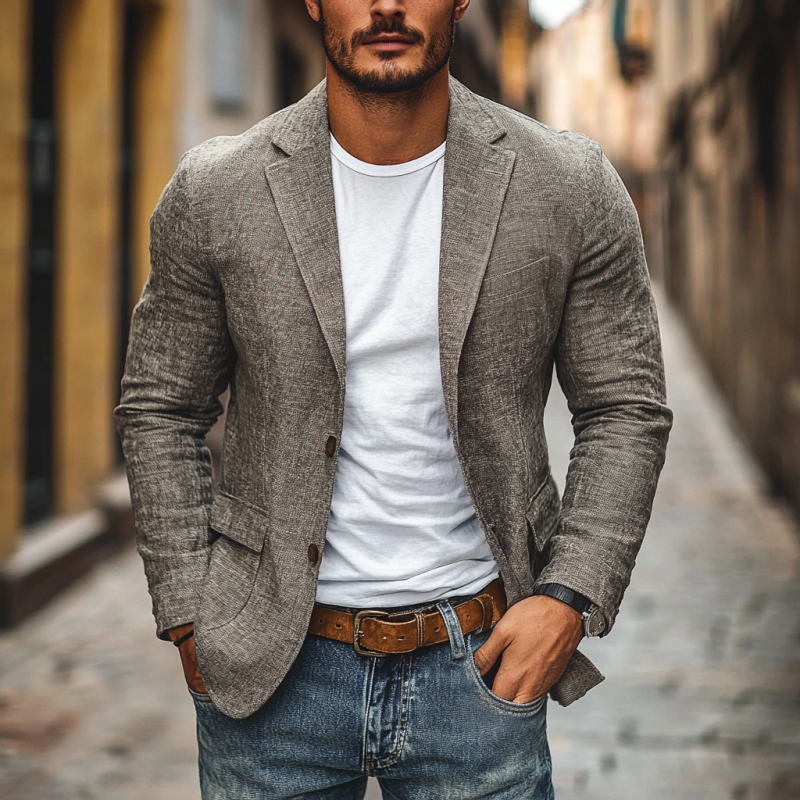 Blazer casual da uomo in cotone e lino, monopetto slim fit con revers classico
