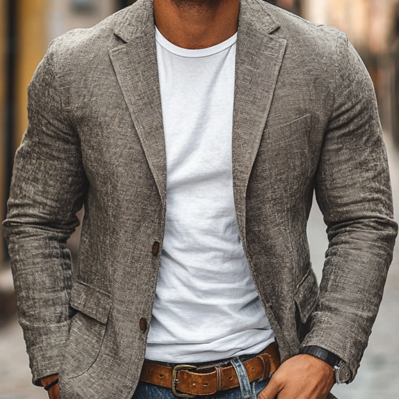 Blazer casual da uomo in cotone e lino, monopetto slim fit con revers classico