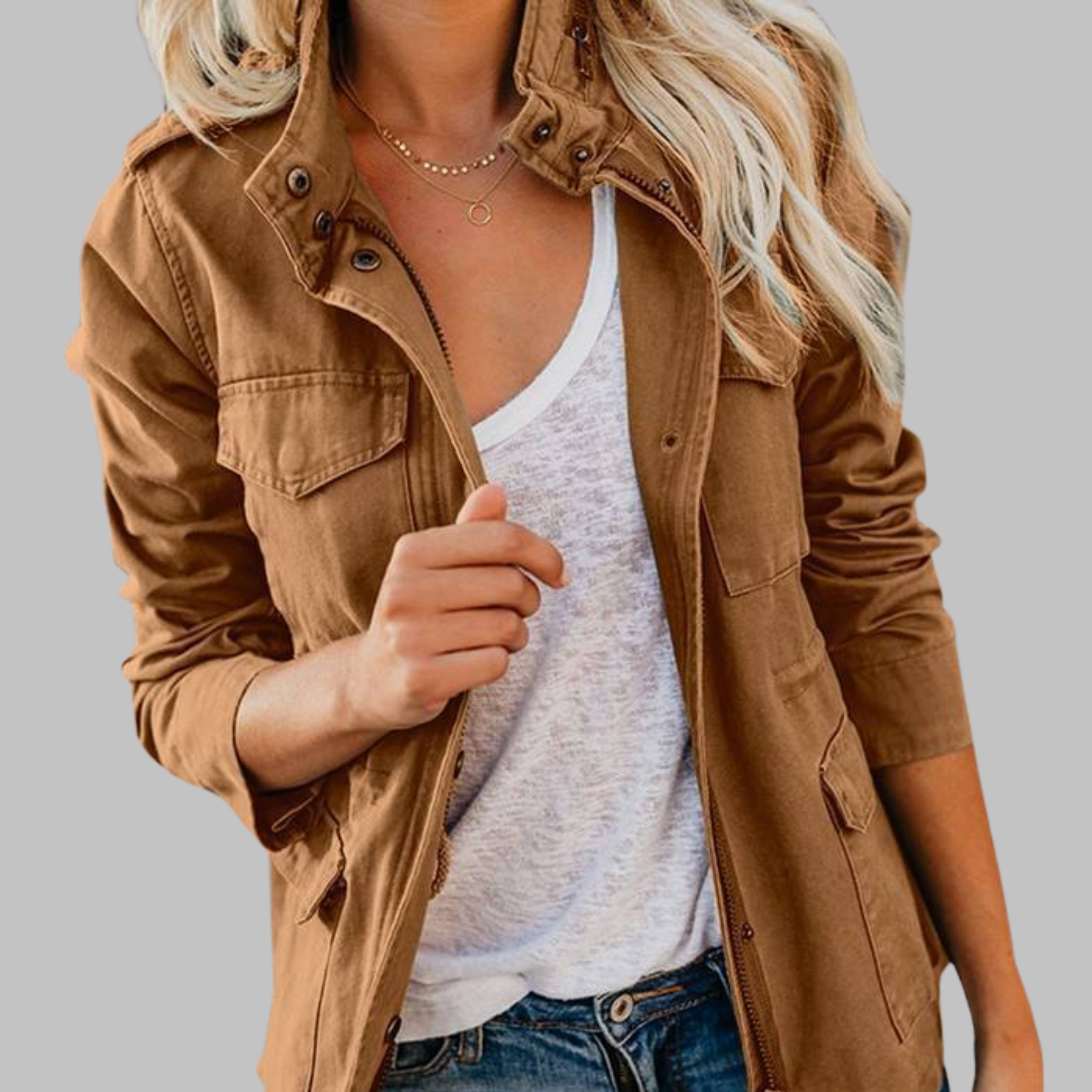OLGA – Veste Militaire Vintage avec Fermeture Éclair et Boutons