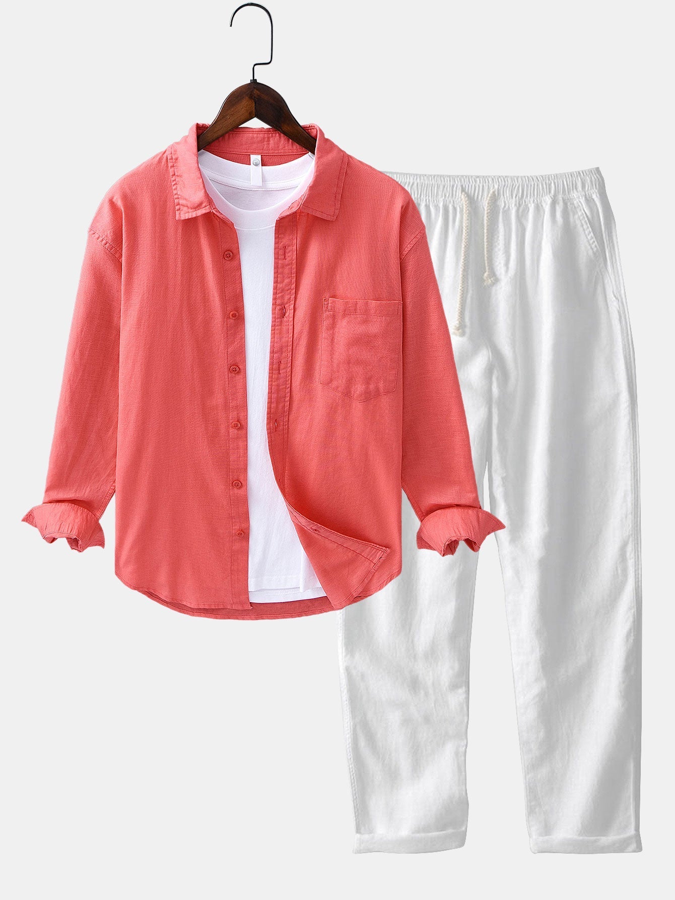 Chemise à Manches Longues en Lin et Coton avec Poche et Pantalon en Lin à Jambe Droite