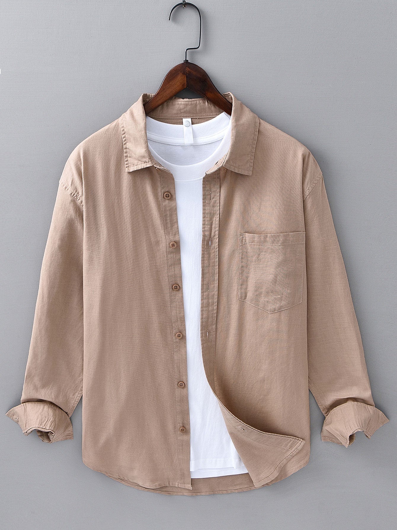 Chemise à Manches Longues en Lin et Coton avec Poche et Pantalon en Lin à Jambe Droite