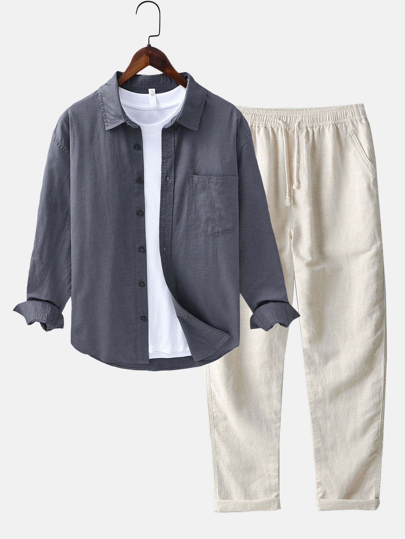 Chemise à Manches Longues en Lin et Coton avec Poche et Pantalon en Lin à Jambe Droite
