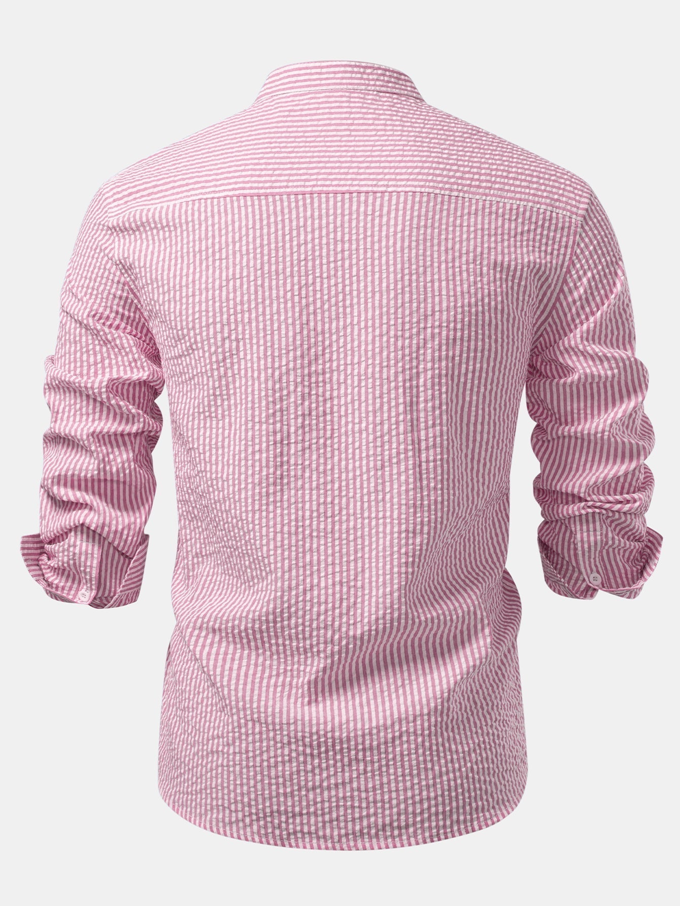 Chemise Rayée Seersucker avec Col Haut et Pantalons en Lin à Jambe Droite