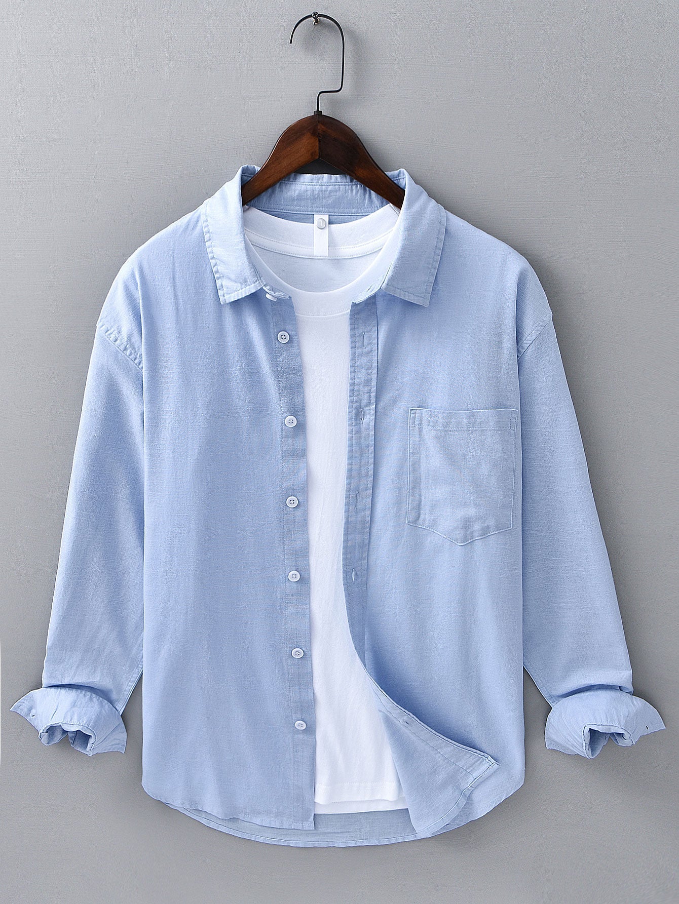 Chemise à Manches Longues en Lin et Coton avec Poche et Pantalon en Lin à Jambe Droite