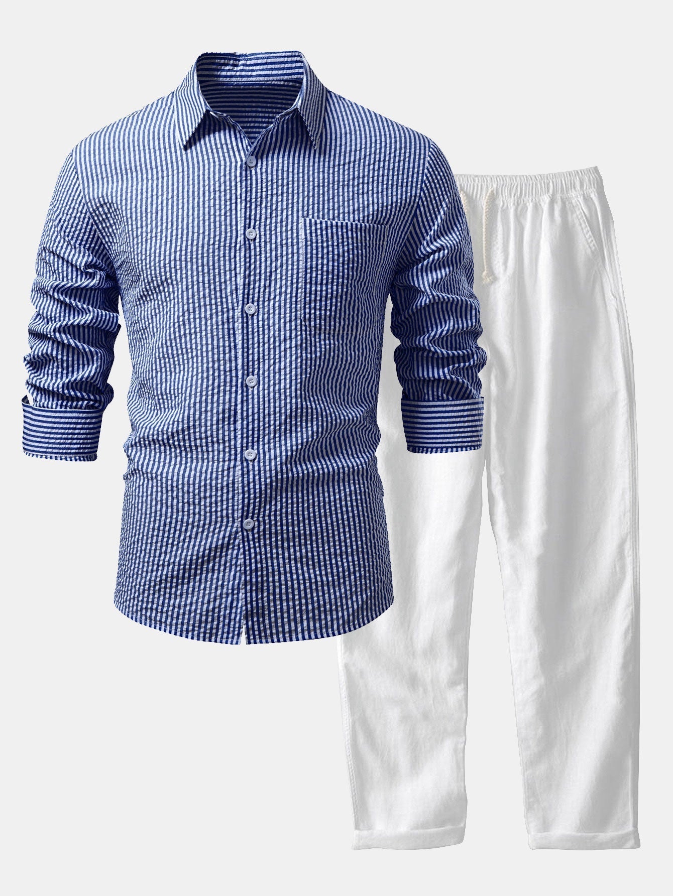 Chemise Rayée Seersucker avec Boutons et Pantalons en Lin à Jambe Droite