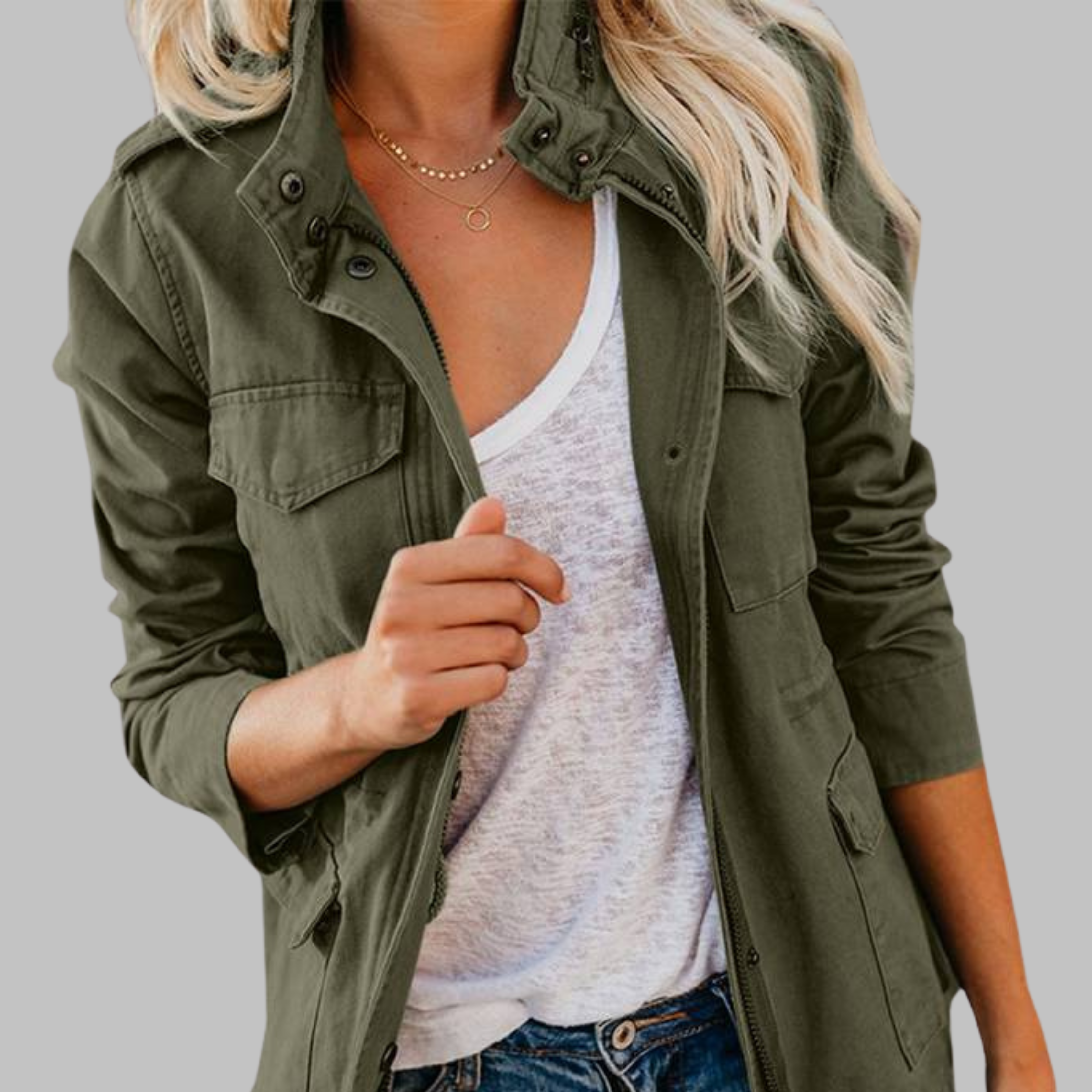 OLGA – Veste Militaire Vintage avec Fermeture Éclair et Boutons