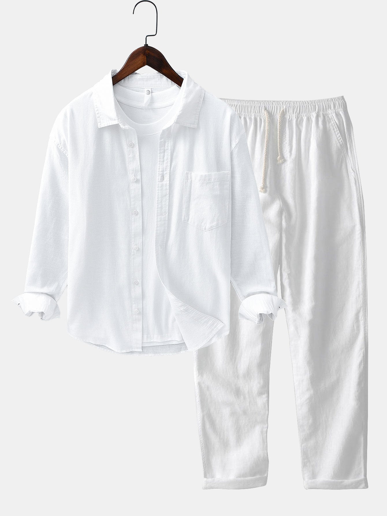 Chemise à Manches Longues en Lin et Coton avec Poche et Pantalon en Lin à Jambe Droite