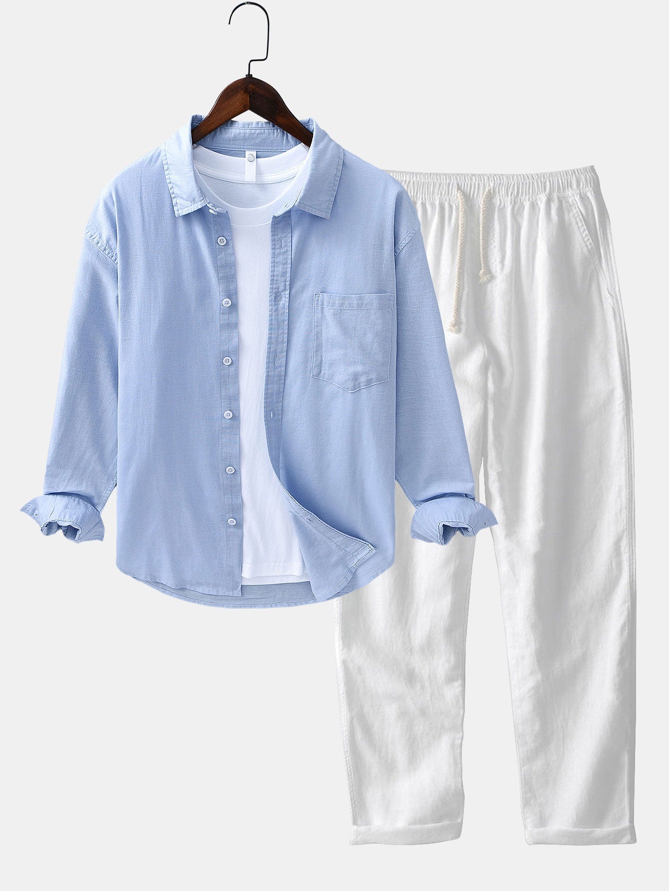Chemise à Manches Longues en Lin et Coton avec Poche et Pantalon en Lin à Jambe Droite