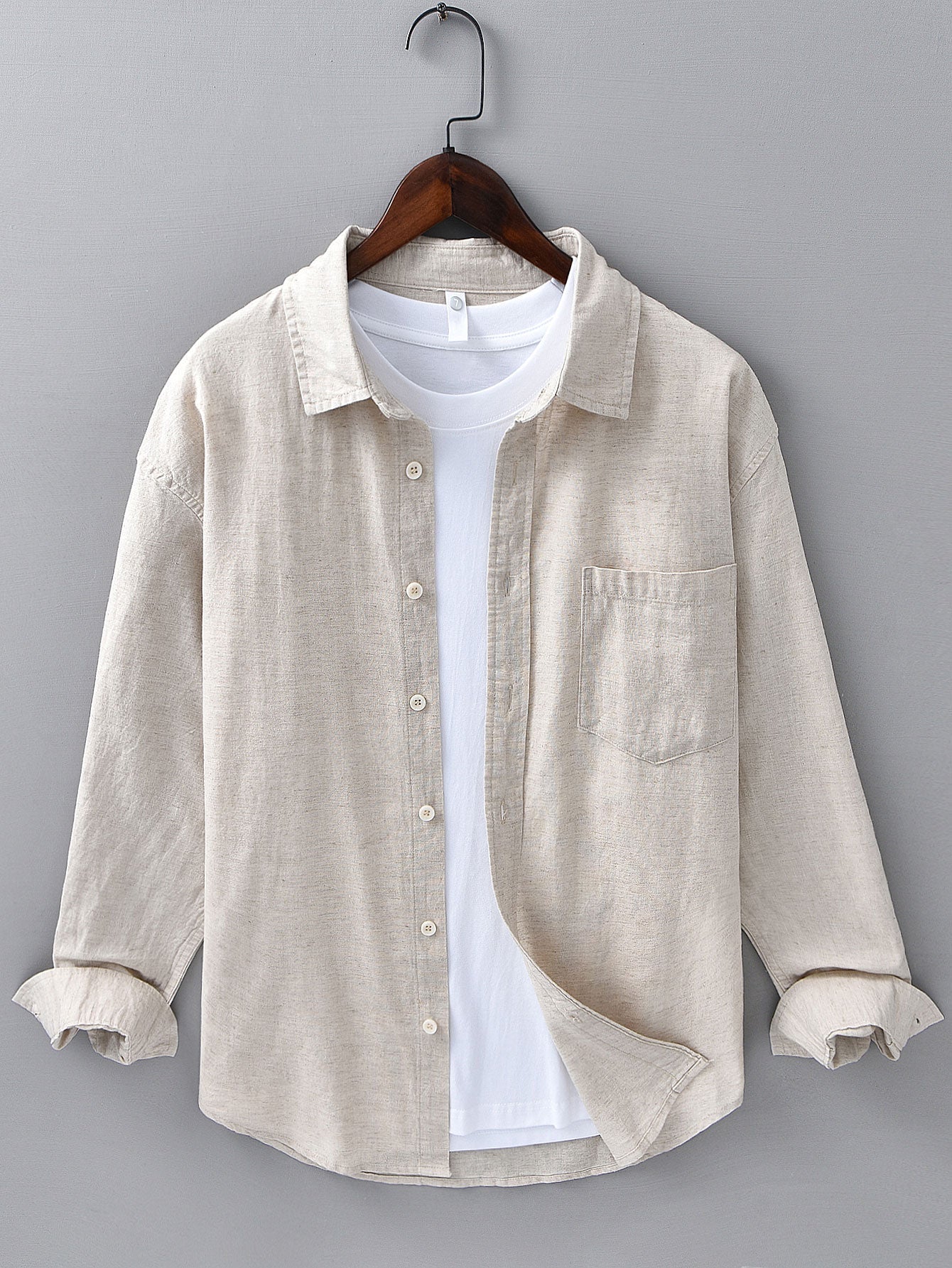 Chemise à Manches Longues en Lin et Coton avec Poche et Pantalon en Lin à Jambe Droite