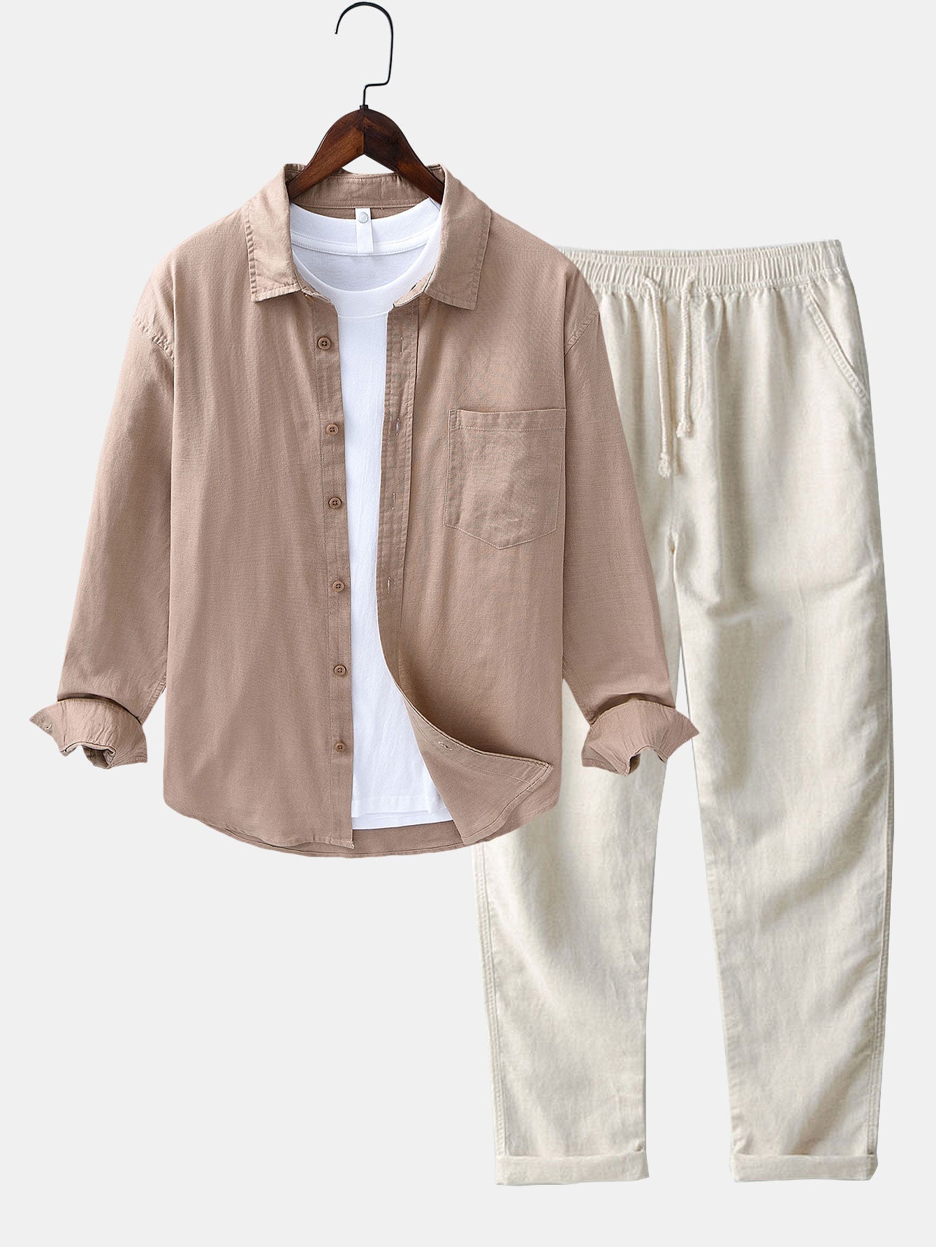 Chemise à Manches Longues en Lin et Coton avec Poche et Pantalon en Lin à Jambe Droite