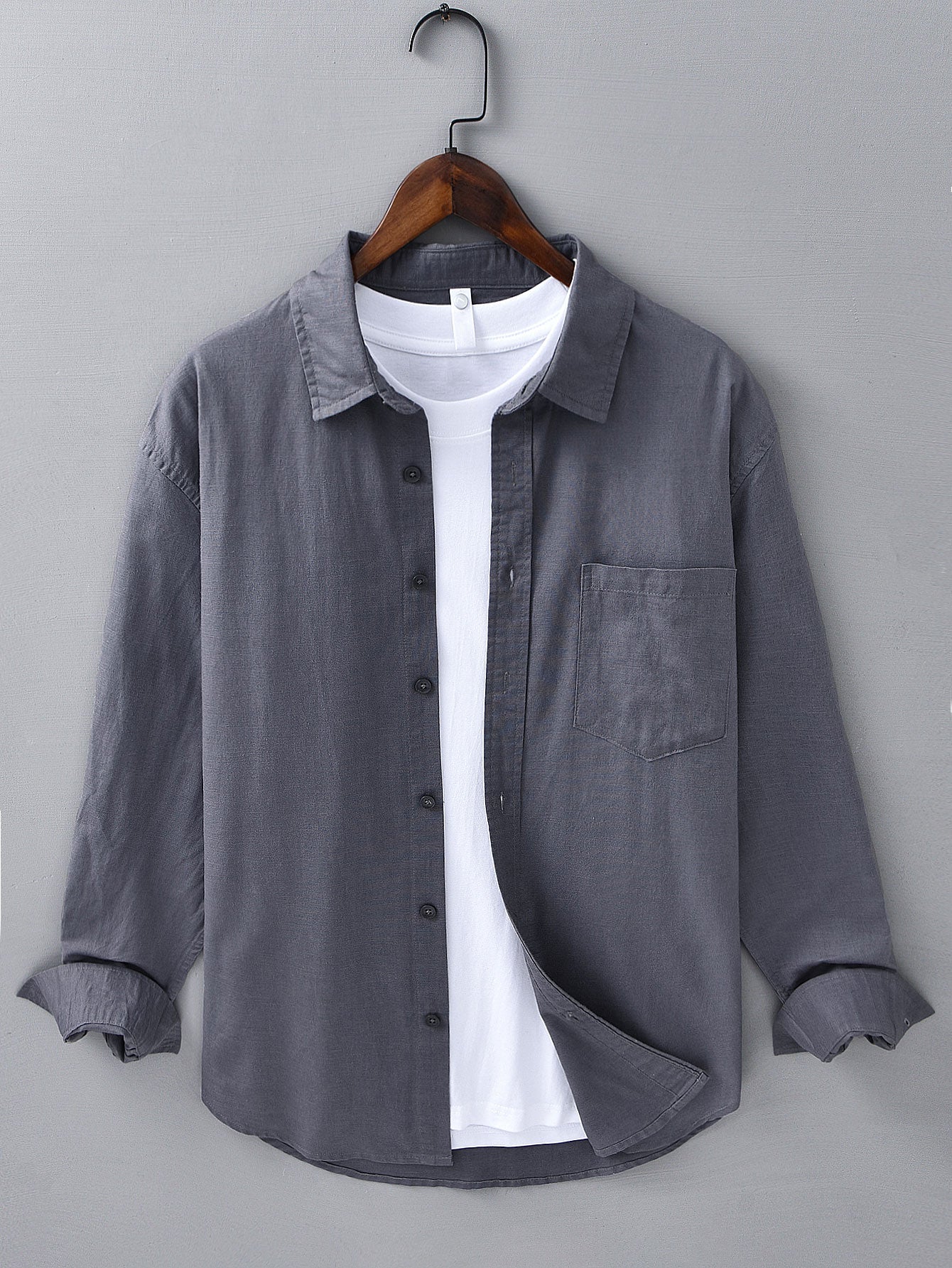 Chemise à Manches Longues en Lin et Coton avec Poche et Pantalon en Lin à Jambe Droite
