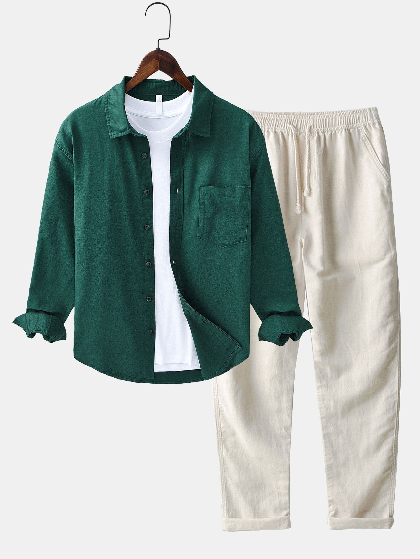 Chemise à Manches Longues en Lin et Coton avec Poche et Pantalon en Lin à Jambe Droite