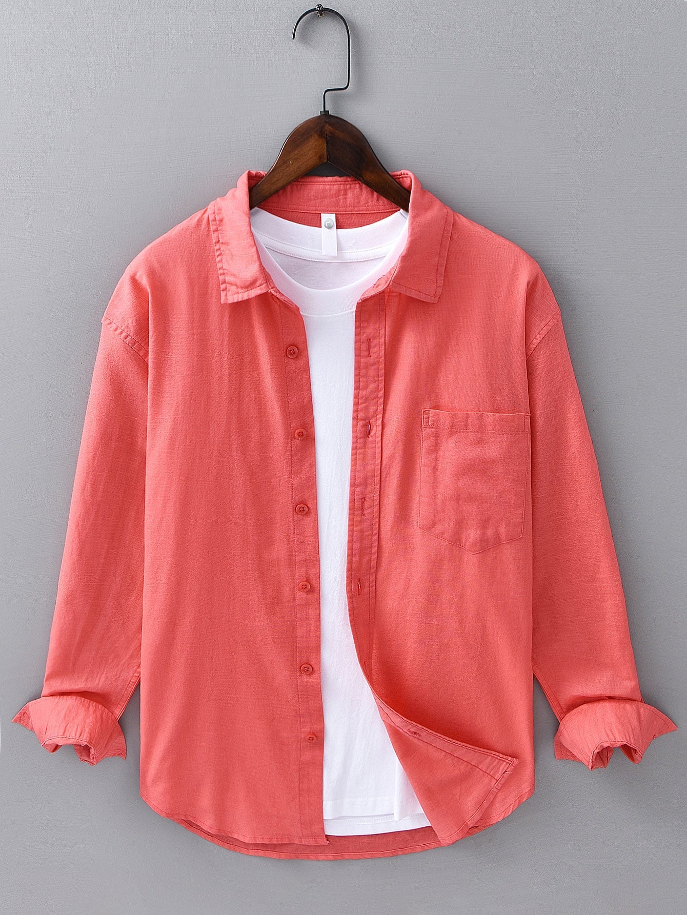 Chemise à Manches Longues en Lin et Coton avec Poche et Pantalon en Lin à Jambe Droite