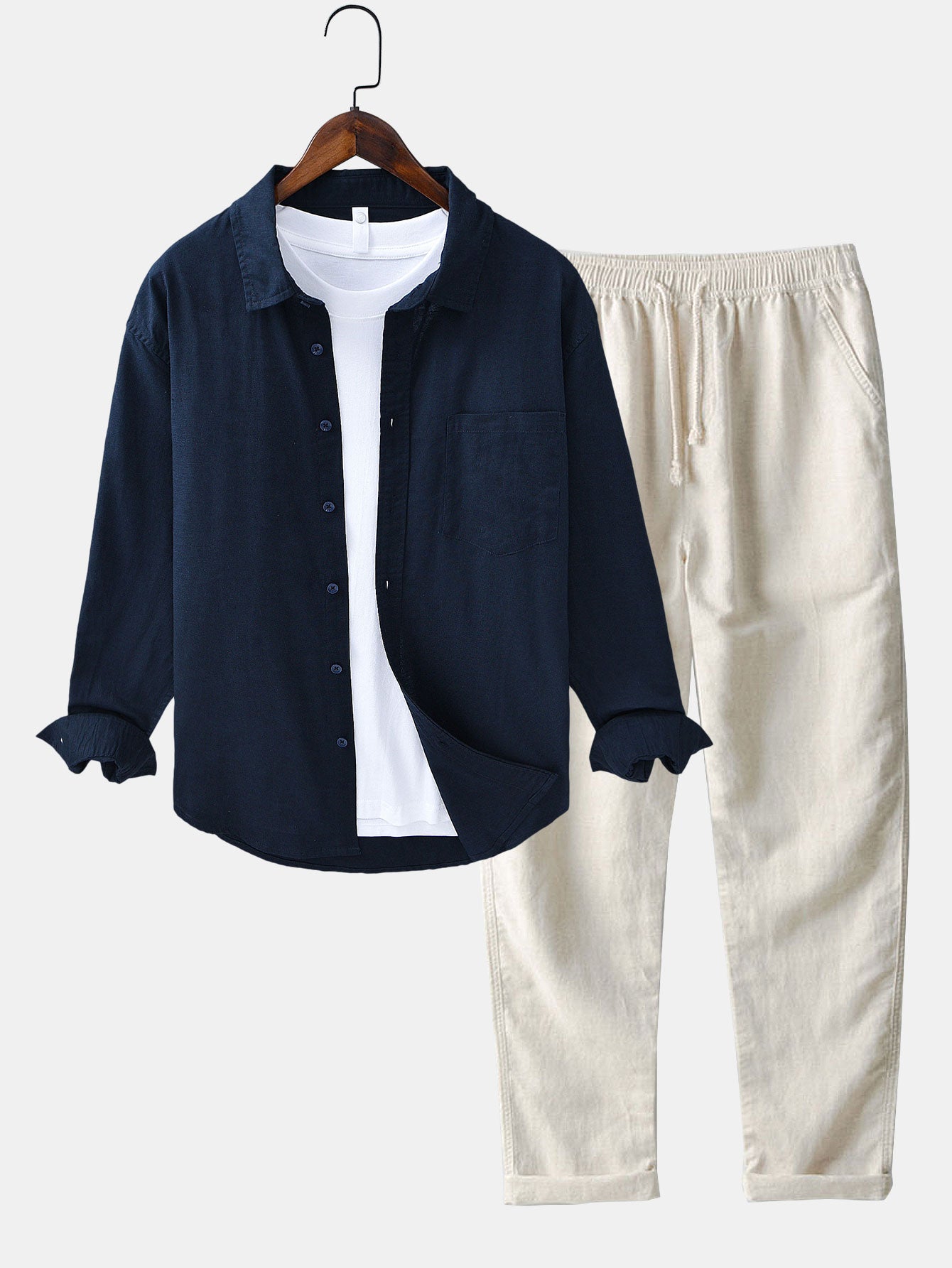 Chemise à Manches Longues en Lin et Coton avec Poche et Pantalon en Lin à Jambe Droite