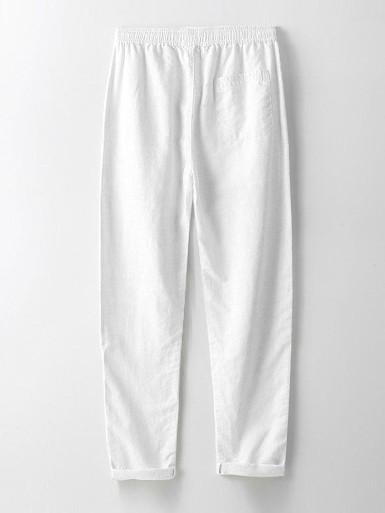 Chemise Rayée Seersucker avec Col Haut et Pantalons en Lin à Jambe Droite