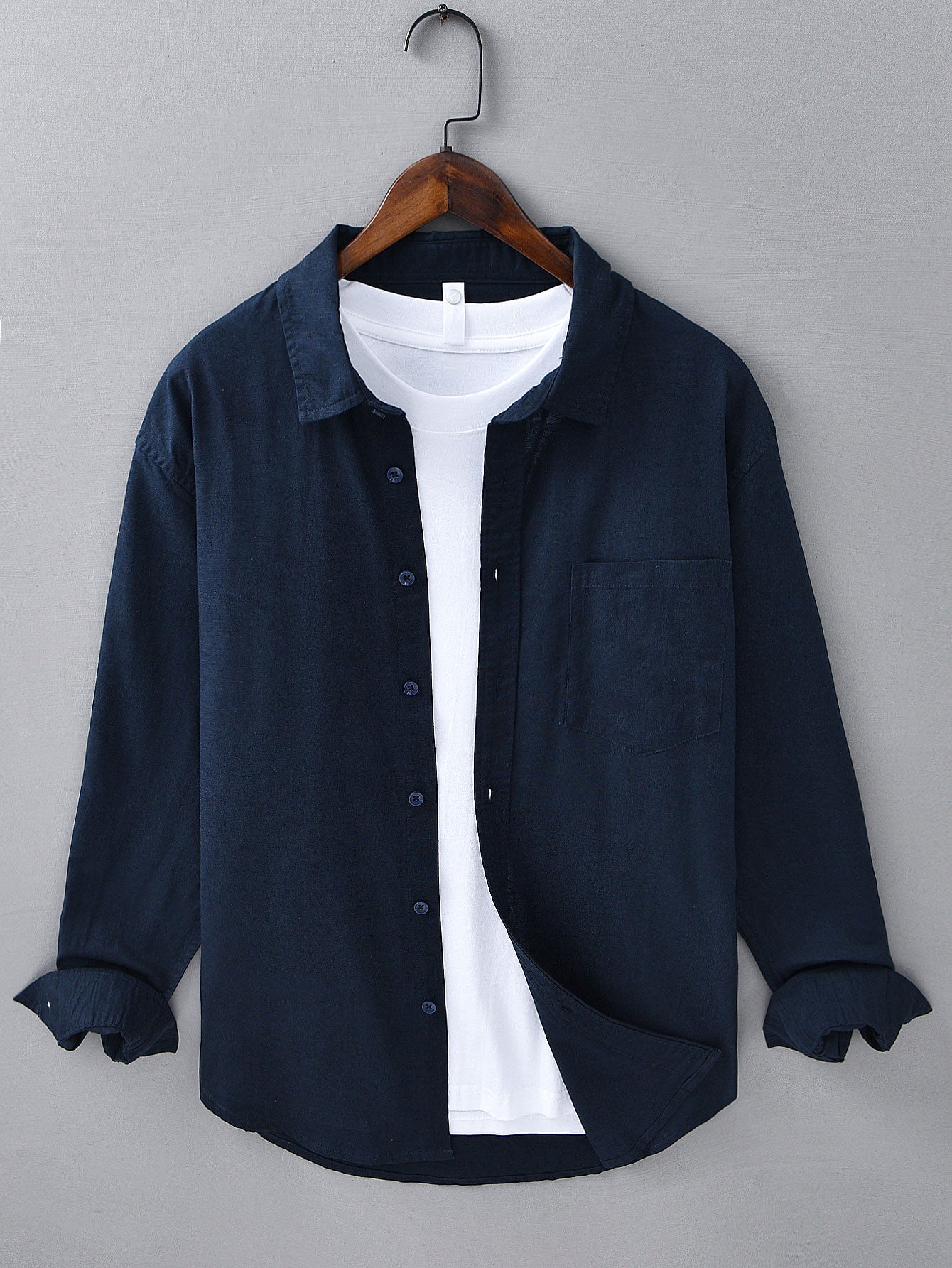 Chemise à Manches Longues en Lin et Coton avec Poche et Pantalon en Lin à Jambe Droite