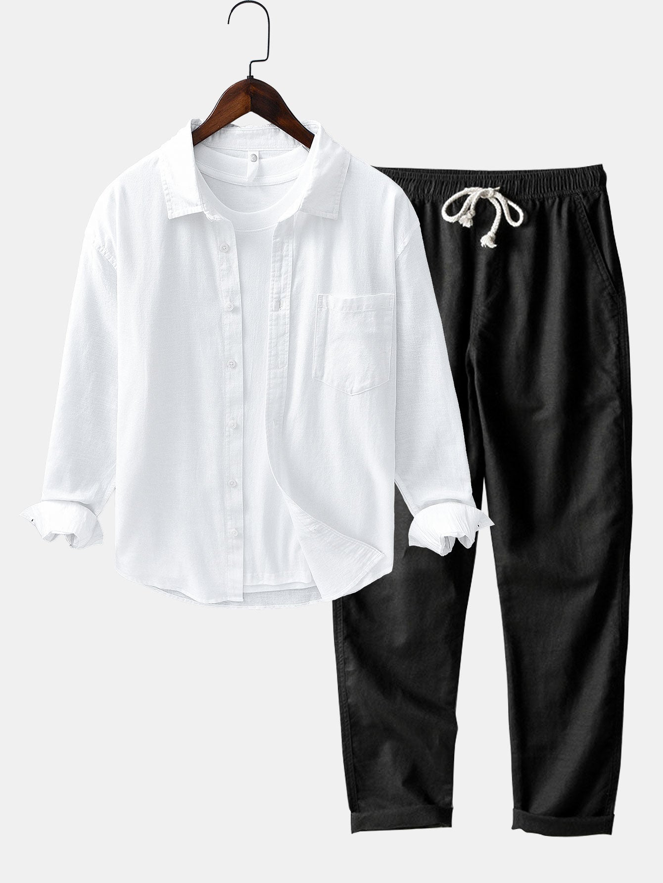Chemise à Manches Longues en Lin et Coton avec Poche et Pantalon en Lin à Jambe Droite