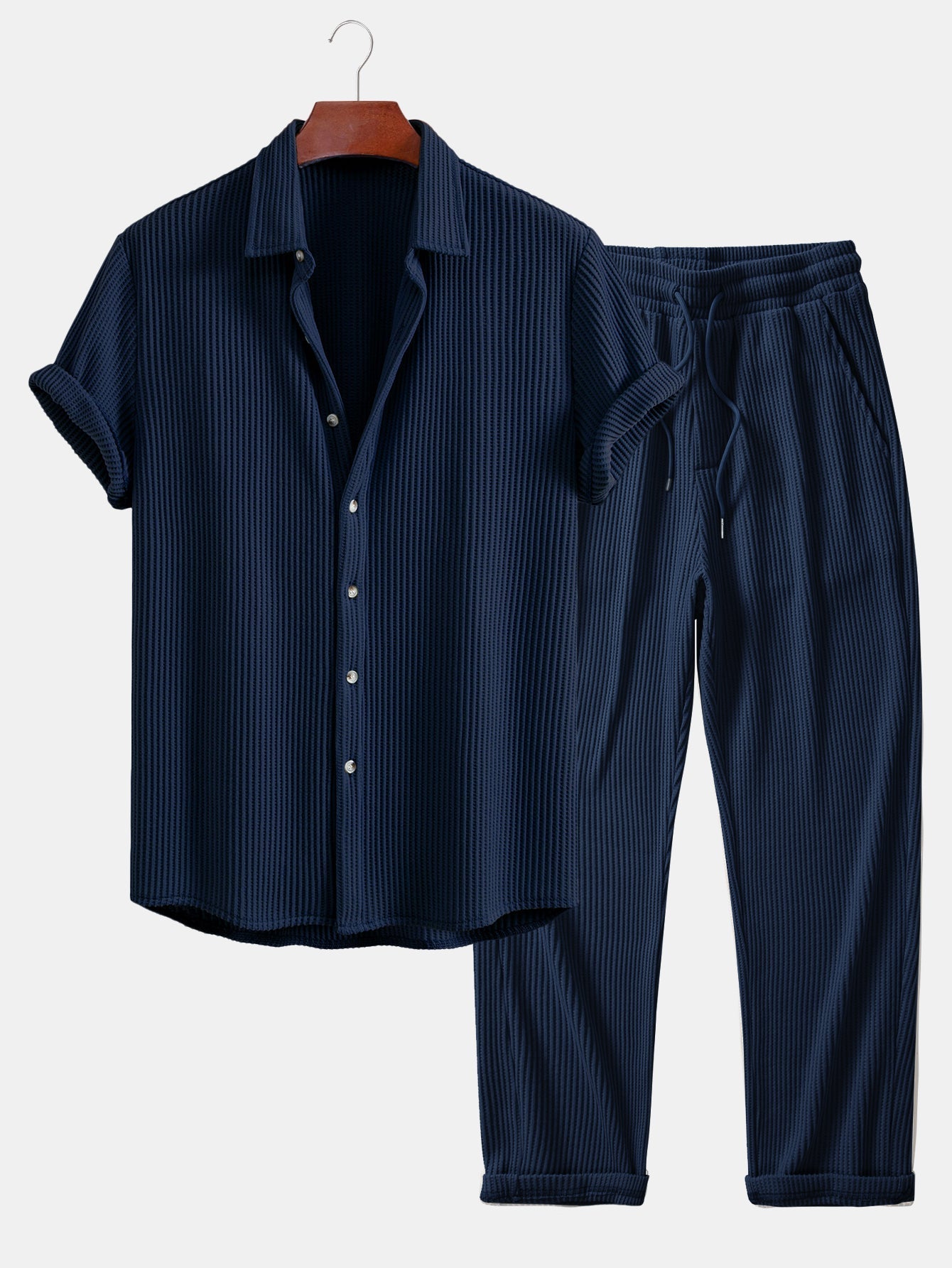 Chemise en Waffle avec Boutons et Pantalons en Waffle Tissés avec Cordon