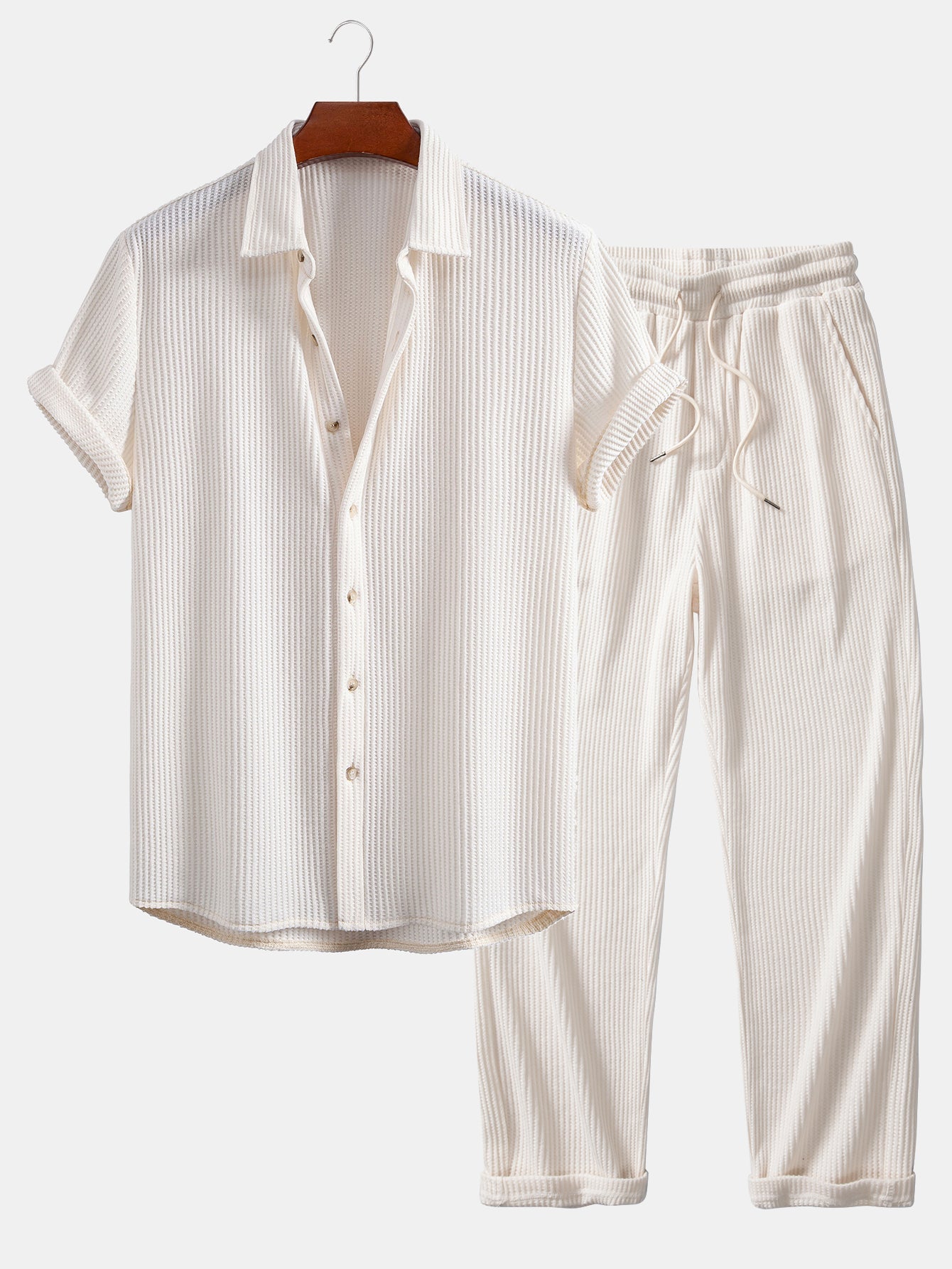 Chemise en Waffle avec Boutons et Pantalons en Waffle Tissés avec Cordon