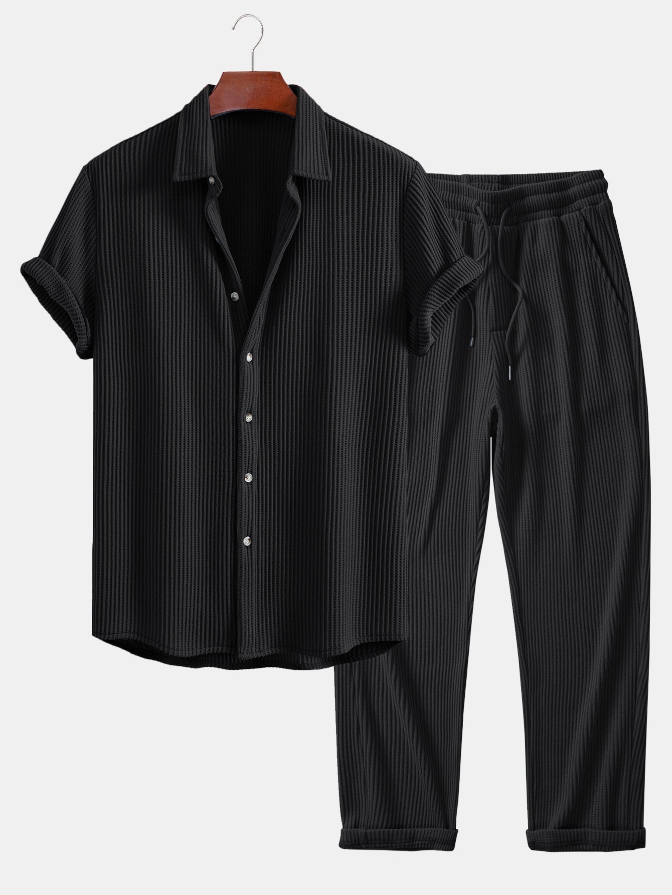 Chemise en Waffle avec Boutons et Pantalons en Waffle Tissés avec Cordon