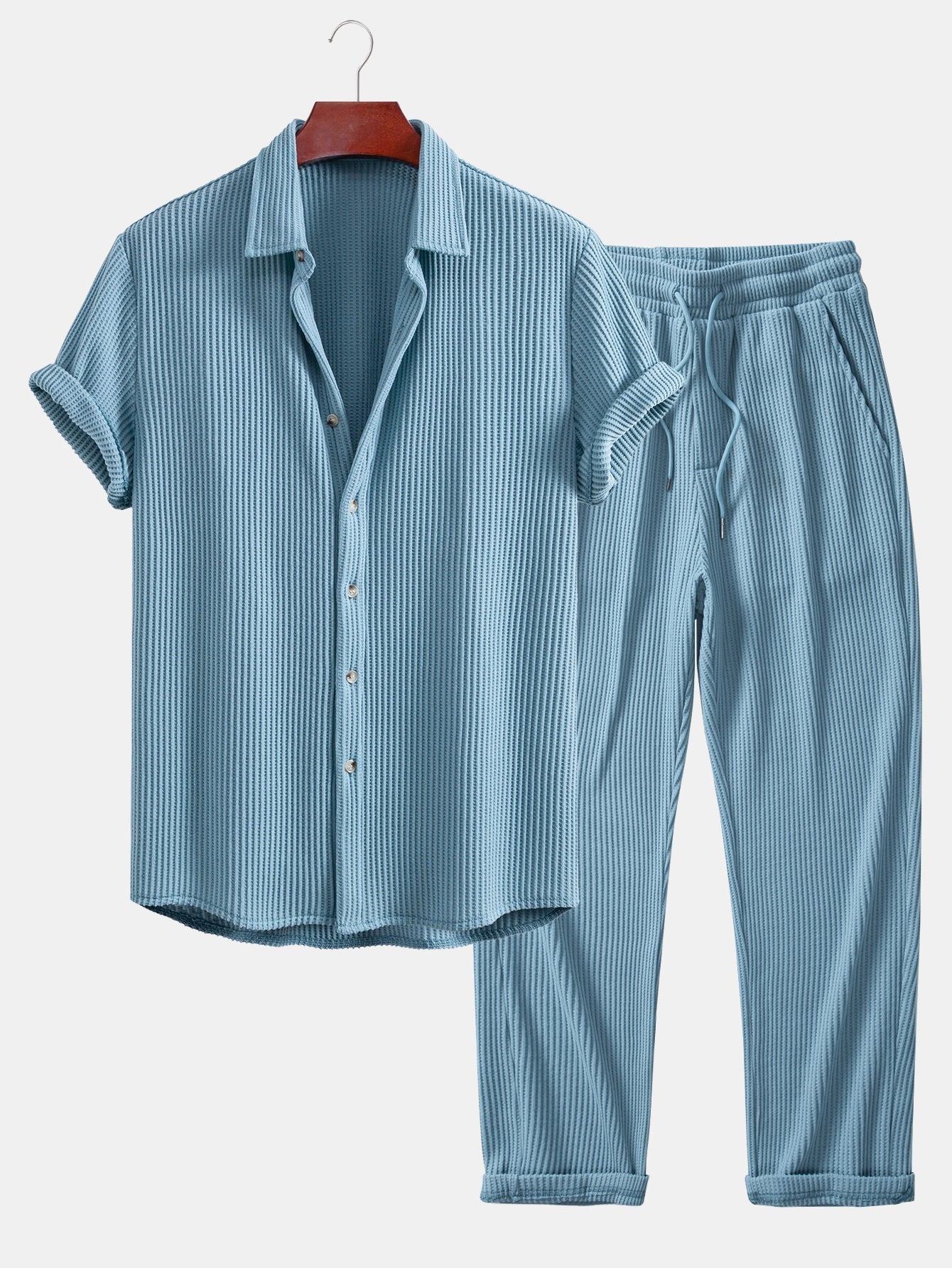 Chemise en Waffle avec Boutons et Pantalons en Waffle Tissés avec Cordon