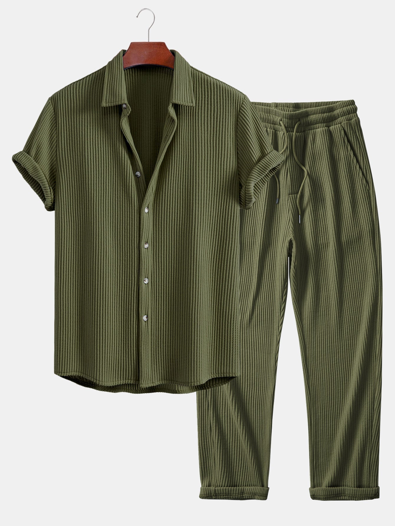 Chemise en Waffle avec Boutons et Pantalons en Waffle Tissés avec Cordon