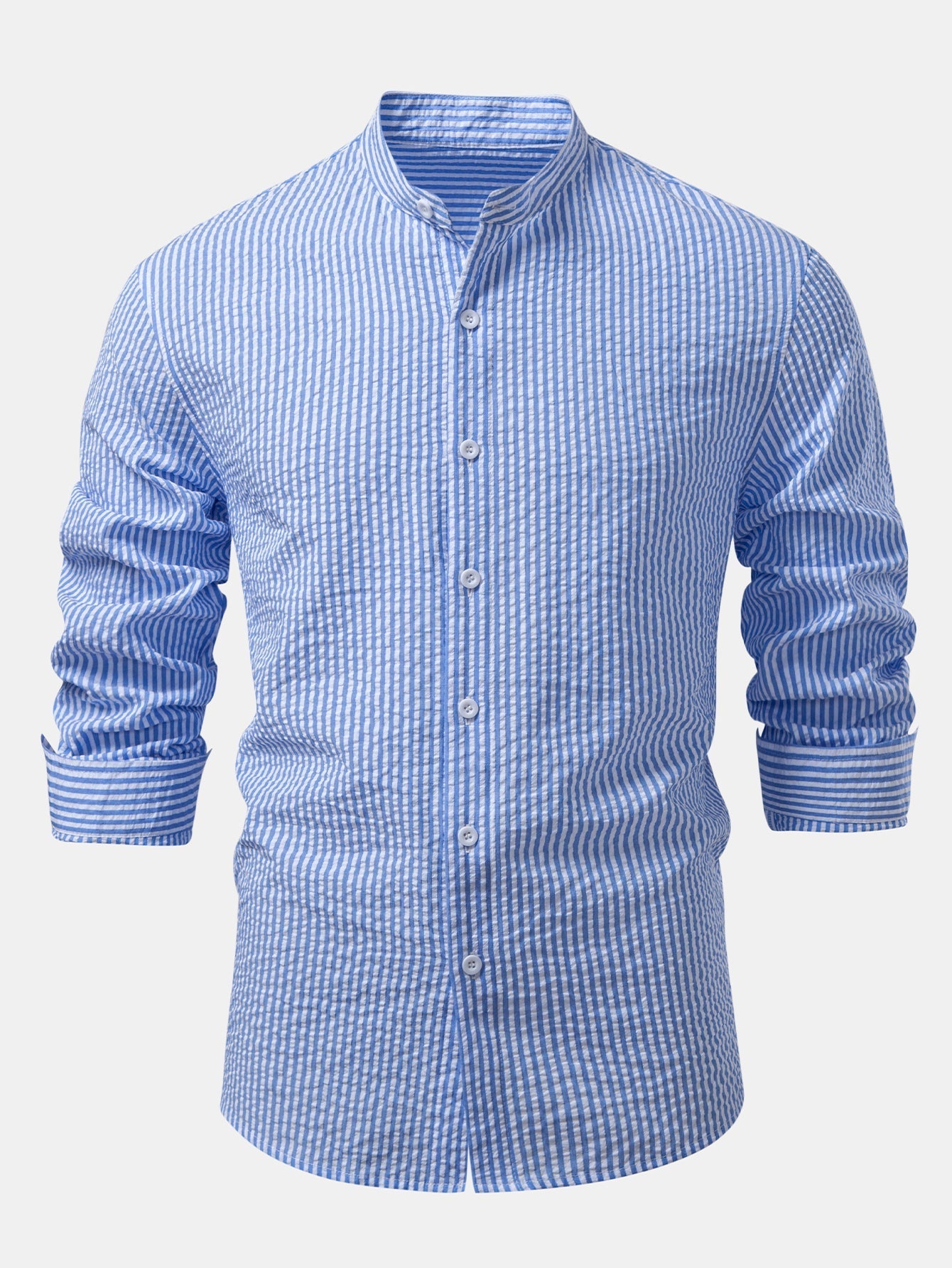 Chemise Rayée Seersucker avec Col Haut et Pantalons en Lin à Jambe Droite