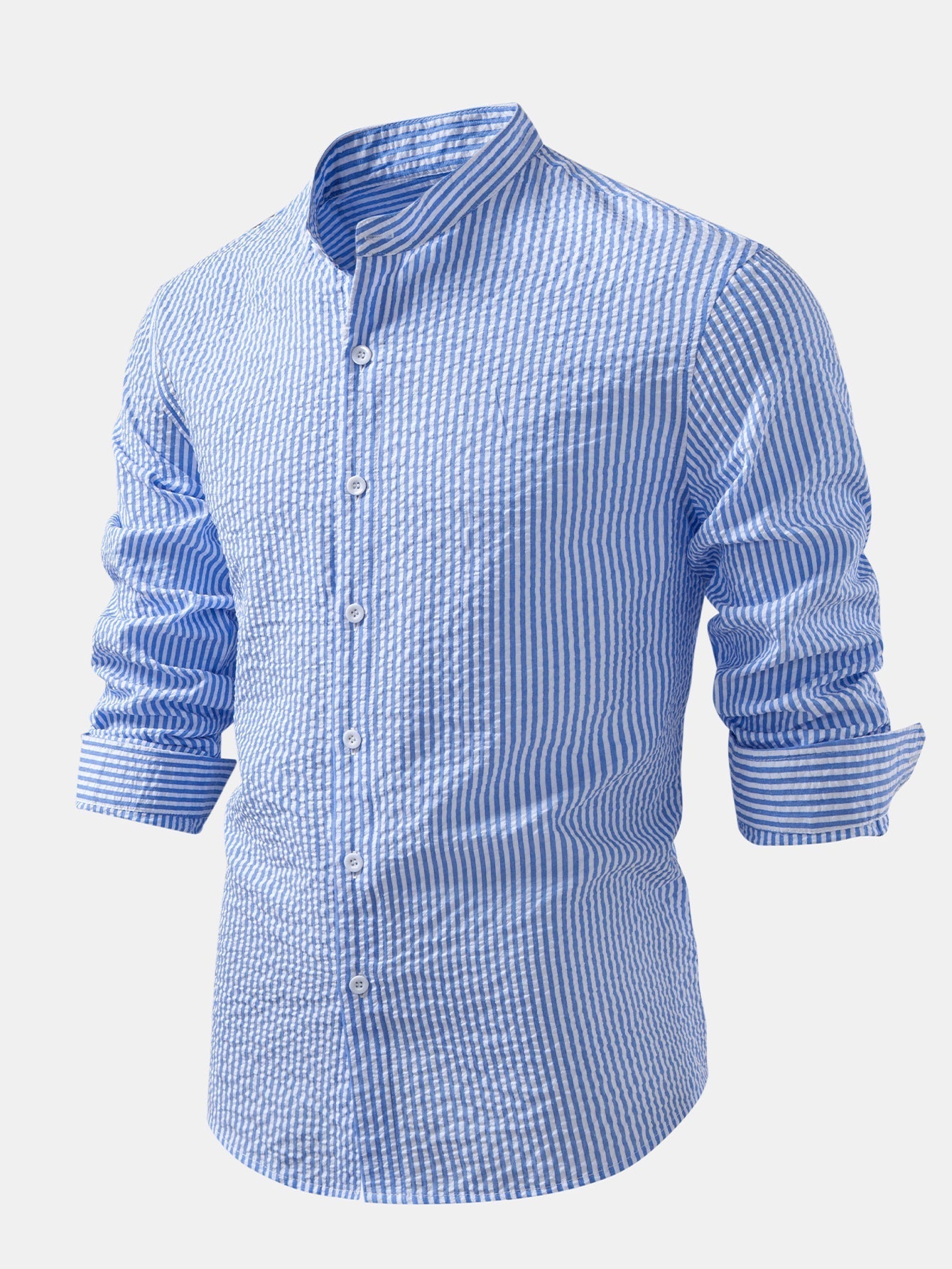 Chemise Rayée Seersucker avec Col Haut et Pantalons en Lin à Jambe Droite