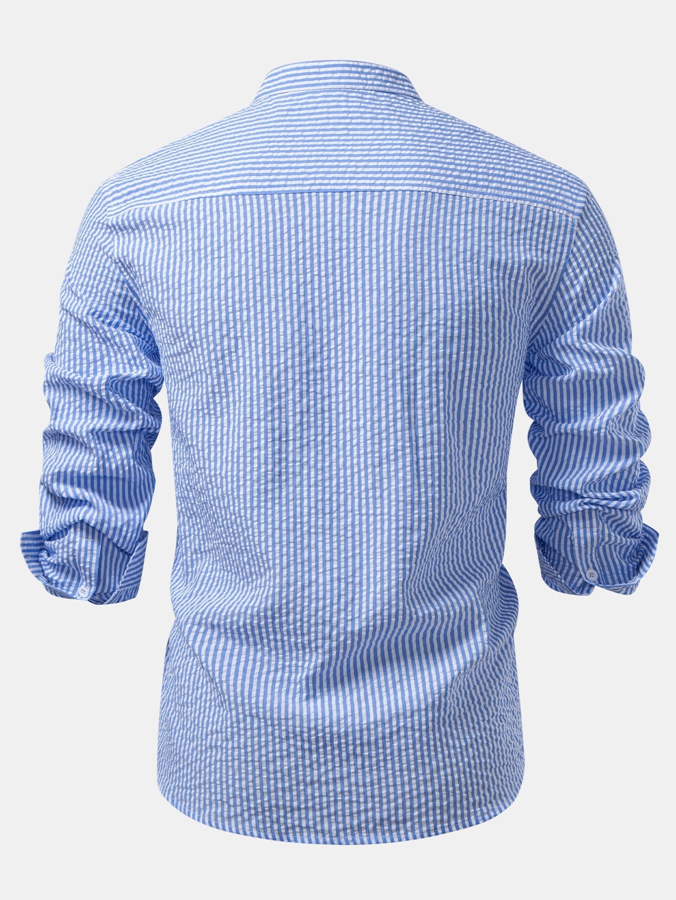 Chemise Rayée Seersucker avec Col Haut et Pantalons en Lin à Jambe Droite