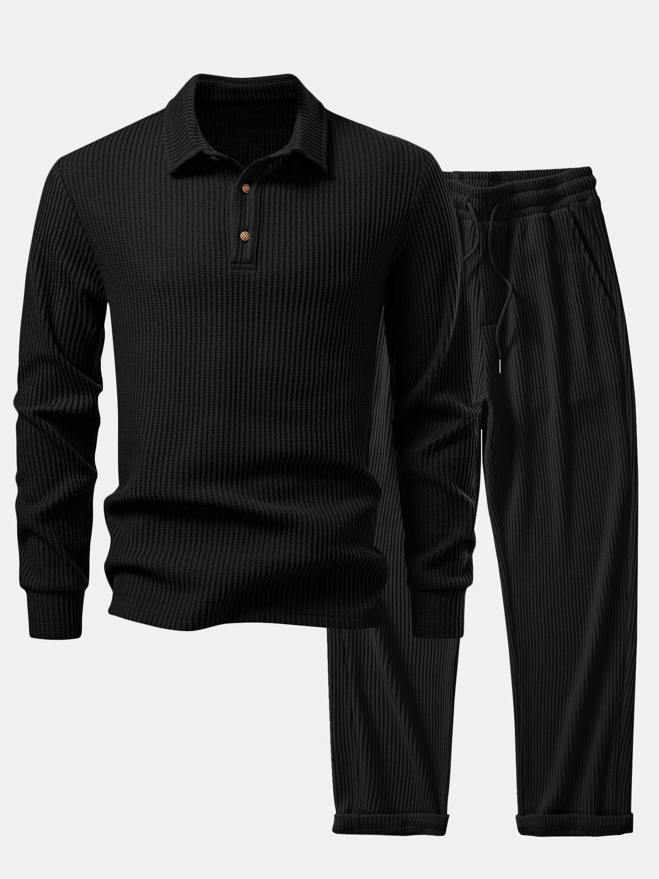 Polo à Manches Longues en Waffle Tissé et Pantalons en Waffle Tissés avec Cordon