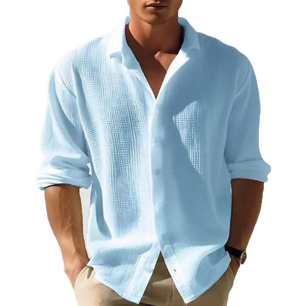 Camicia da uomo Casual con texture a nido d'ape, giacca con colletto alla coreana, design monopetto per l'autunno e la primavera, ideale per l'uso quotidiano