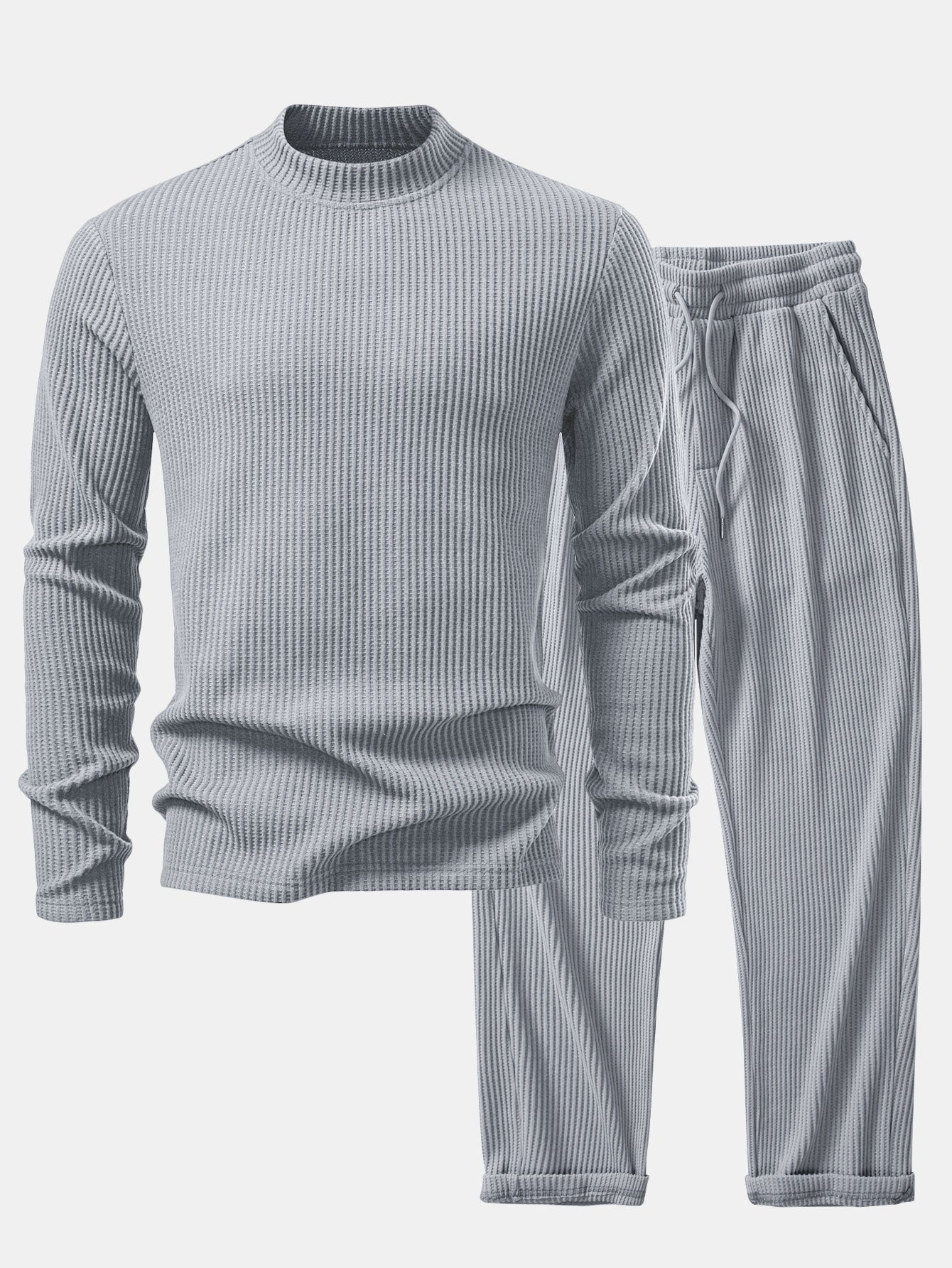 T-shirt à Manches Longues en Waffle avec Col Haut et Pantalons en Waffle Tissés avec Cordon