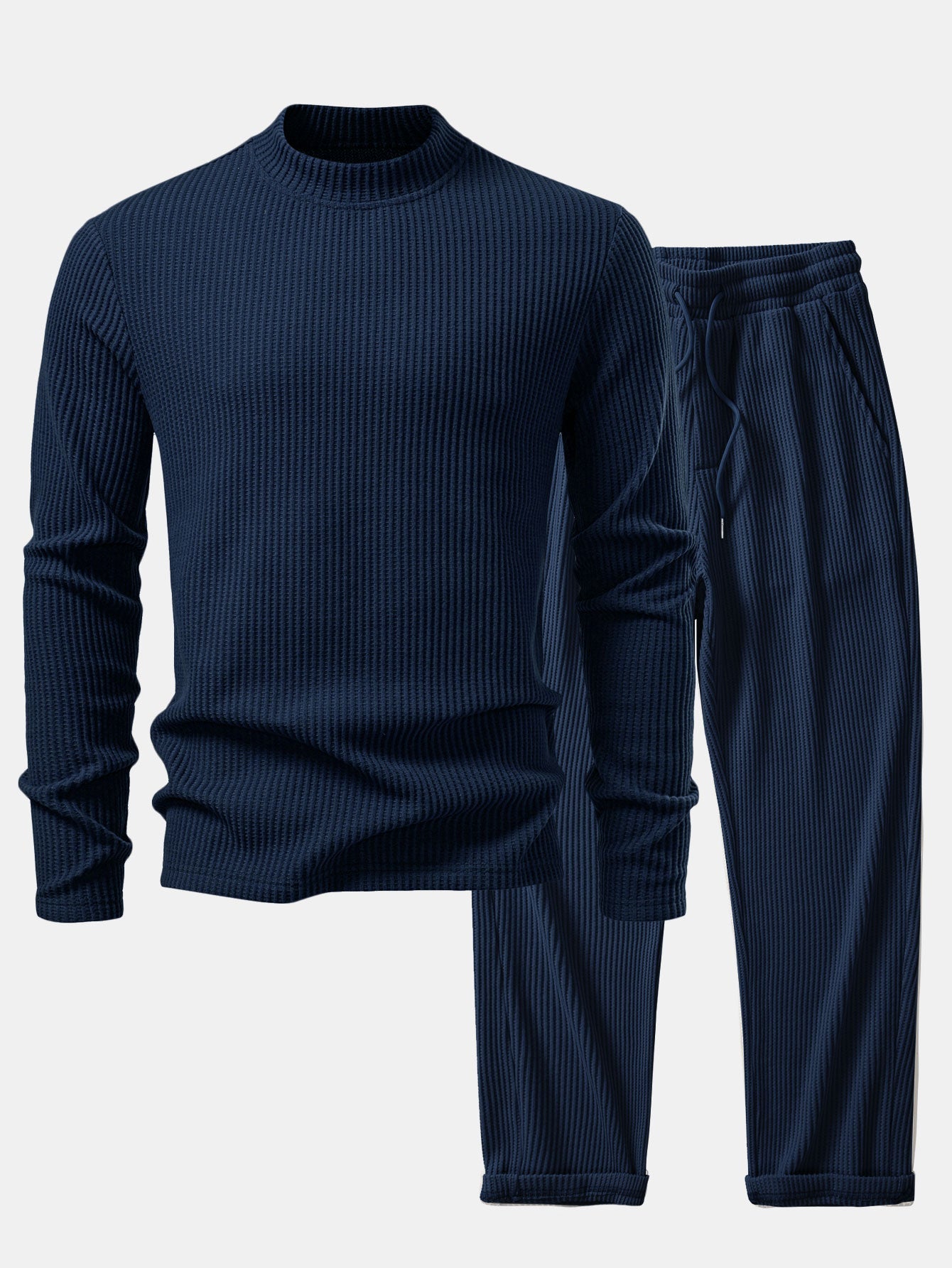 T-shirt à Manches Longues en Waffle avec Col Haut et Pantalons en Waffle Tissés avec Cordon