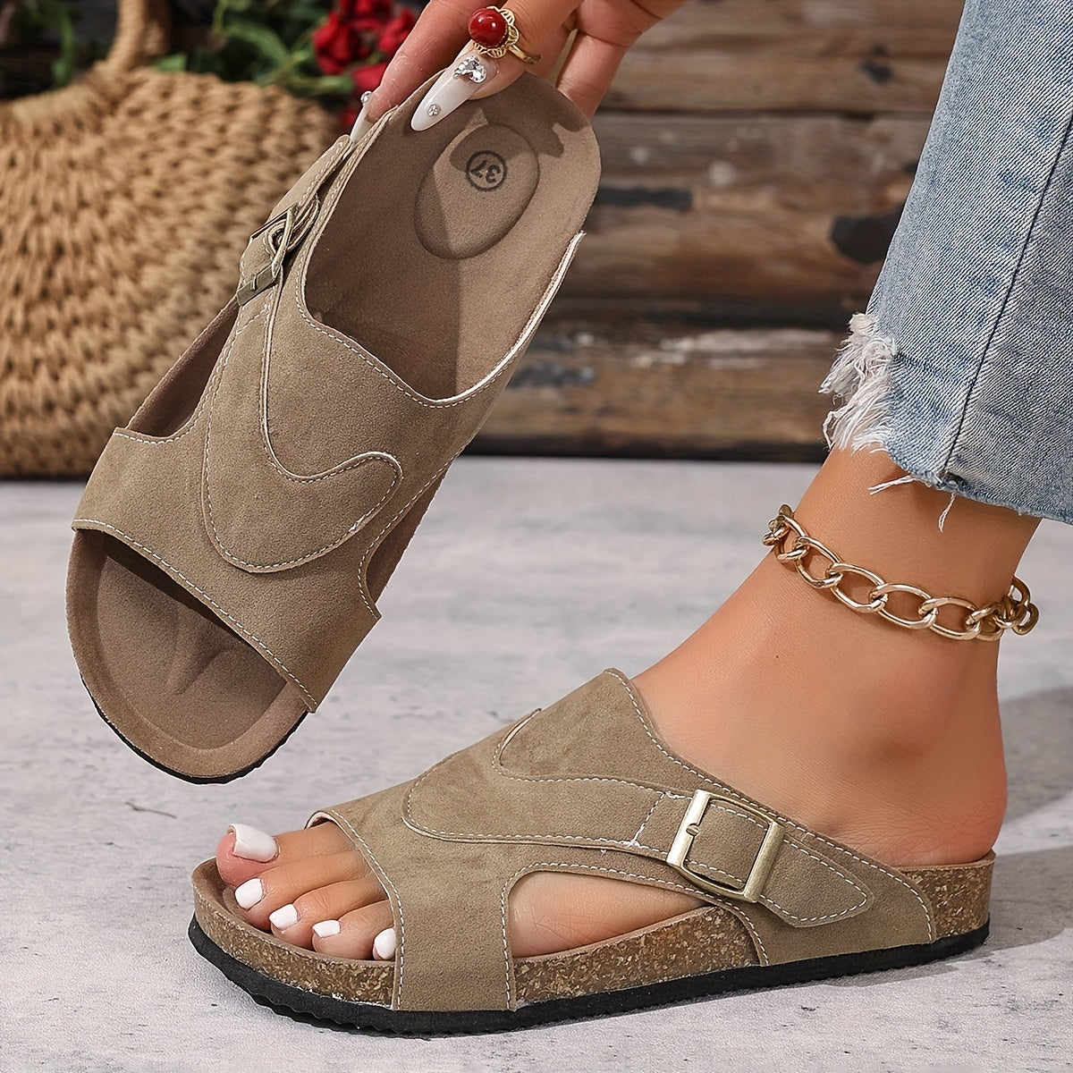 Sandali unisex in sughero – suola spessa, antiscivolo, resistenti per l’estate e la spiaggia, con cinturino regolabile con fibbia, punta aperta per uso interno ed esterno, calzature antisdrucciolo | dettaglio a catena decorativa | soletta in tessuto, sand