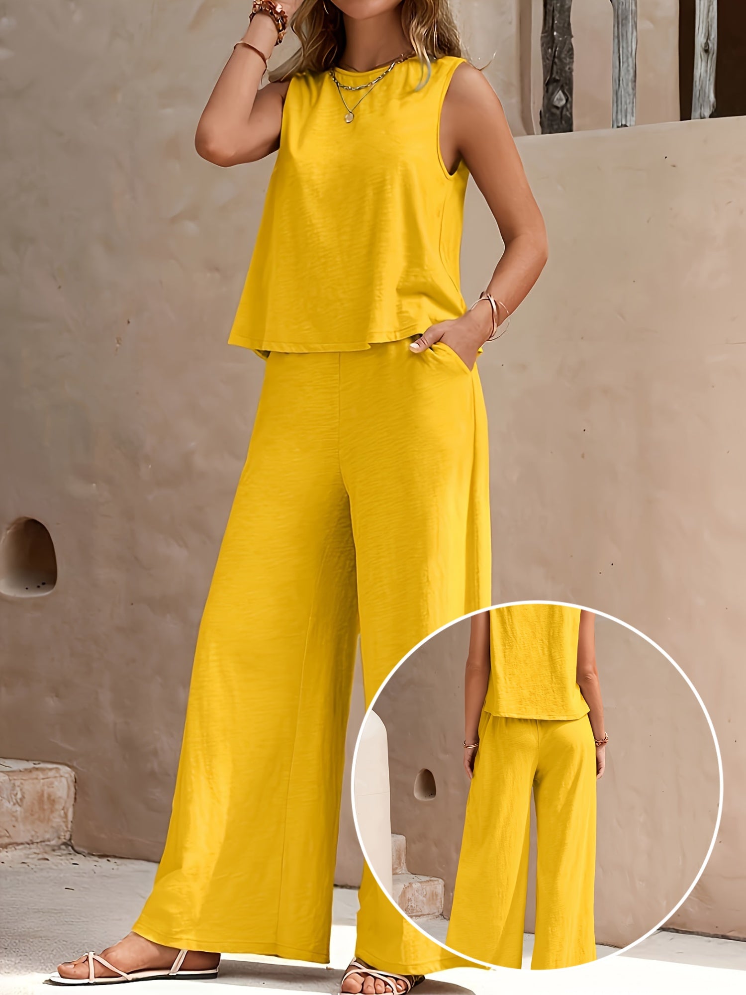 Set Top Senza Maniche Rosso e Pantaloni a Gamba Larga per Donna - Poliestere, Colore Unito, Abbigliamento Casual Primavera/Estate, Blusa Senza Maniche | Abbigliamento Casual | Tessuto in Poliestere
