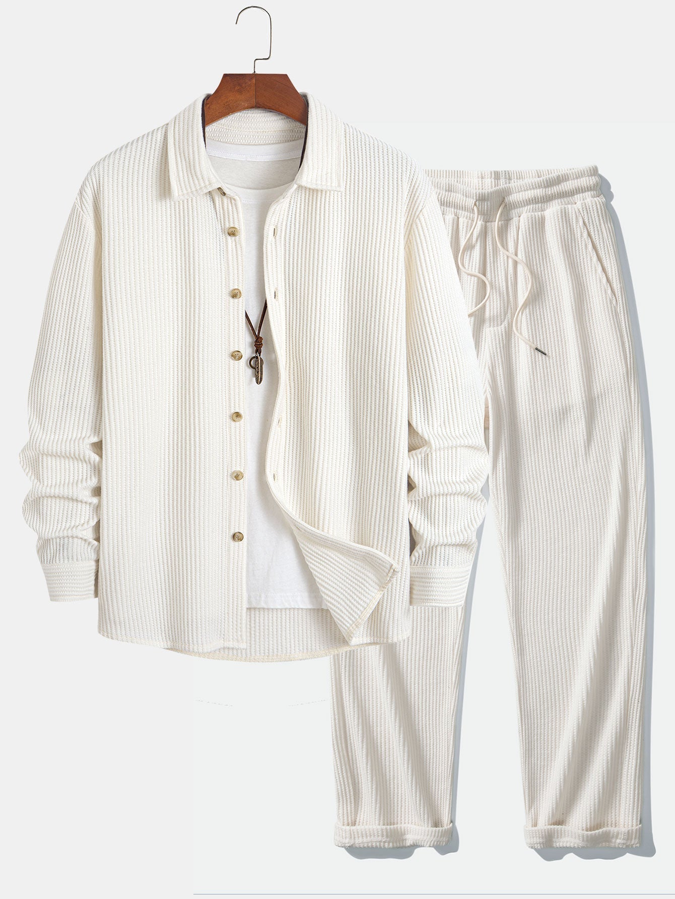 Chemise à Manches Longues en Waffle avec Boutons et Pantalons en Waffle Tissés avec Cordon