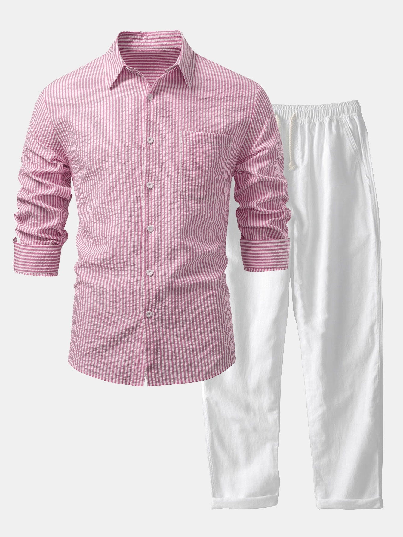 Chemise Rayée Seersucker avec Boutons et Pantalons en Lin à Jambe Droite