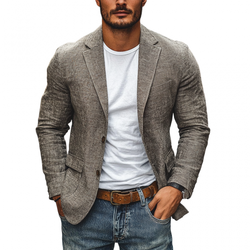 Blazer casual da uomo in cotone e lino, monopetto slim fit con revers classico
