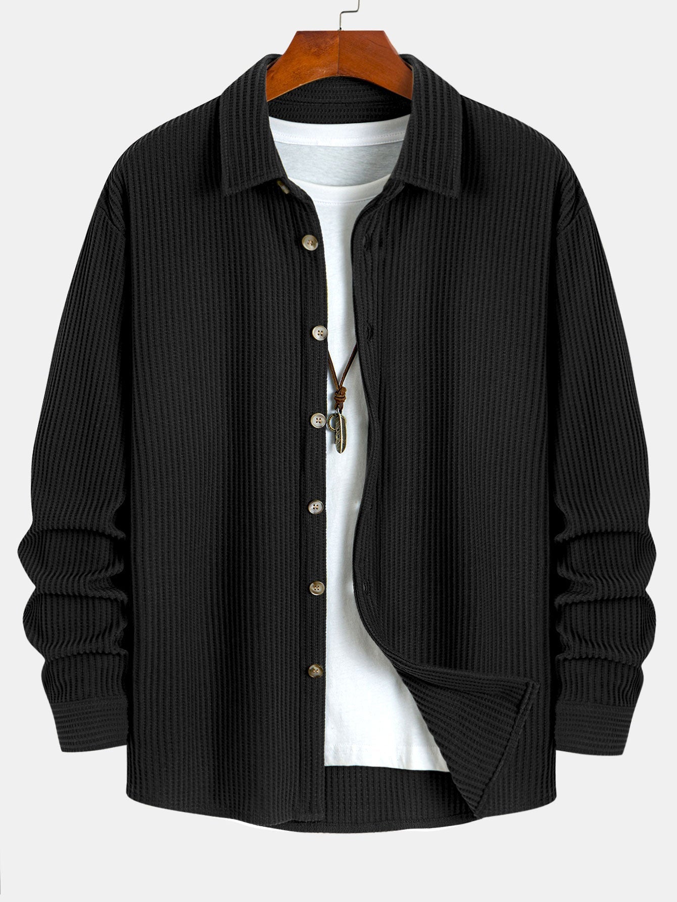 Chemise à Manches Longues en Waffle avec Boutons et Pantalons en Waffle Tissés avec Cordon
