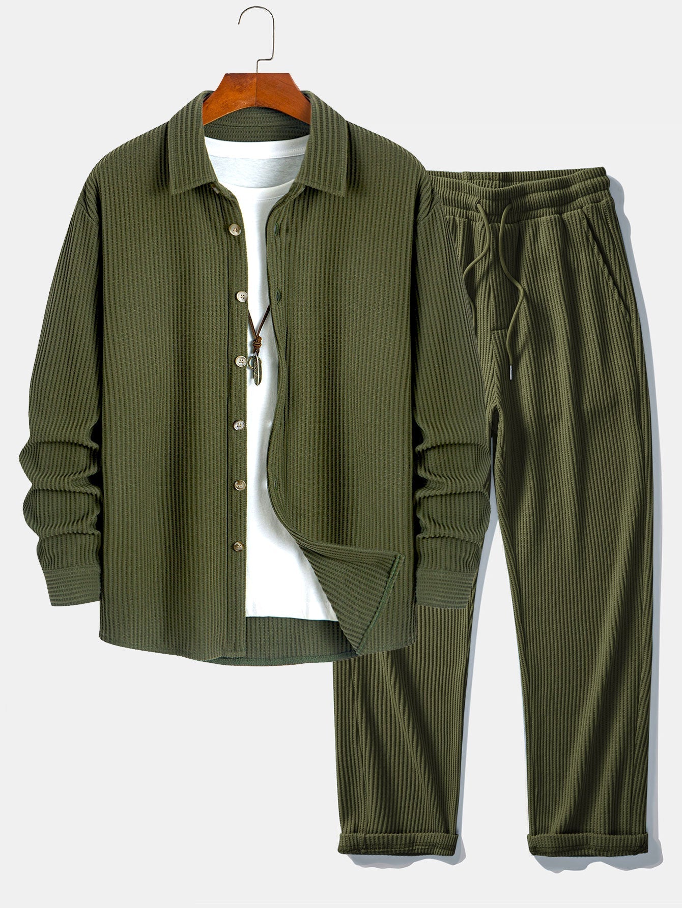 Chemise à Manches Longues en Waffle avec Boutons et Pantalons en Waffle Tissés avec Cordon